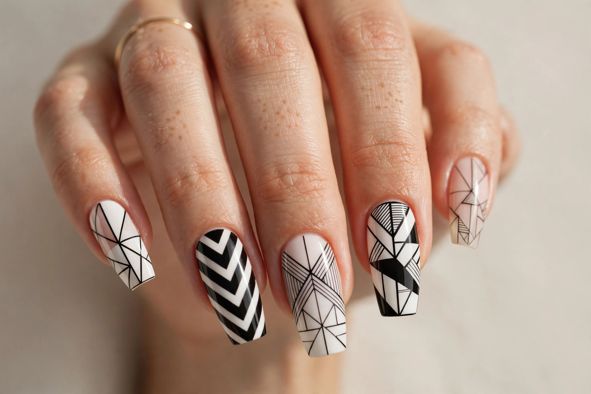 Geometric line acrylic nail art