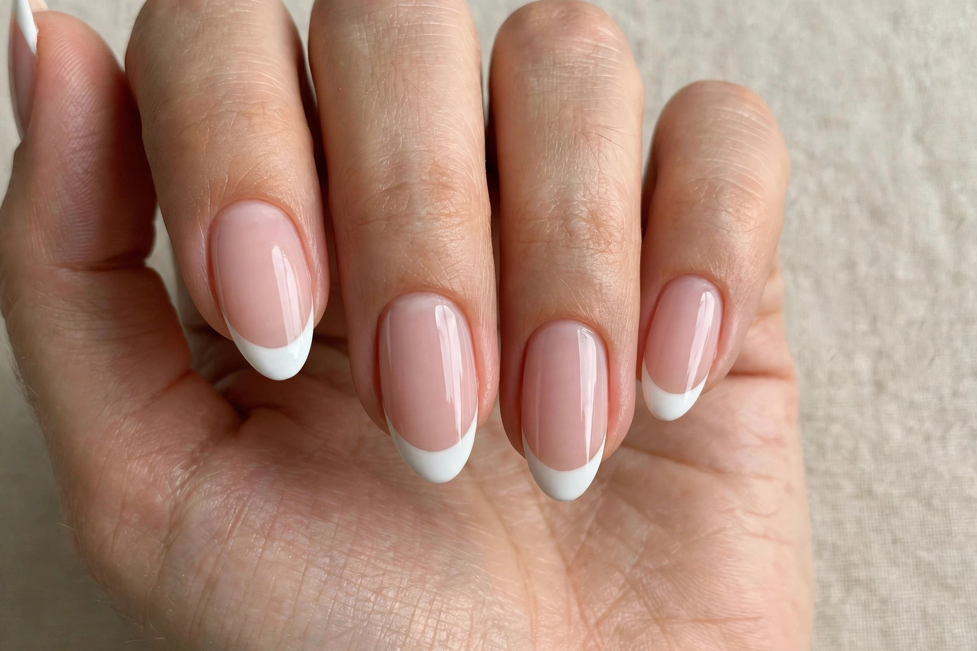 Classic white French tip manicure on almond shaped nails