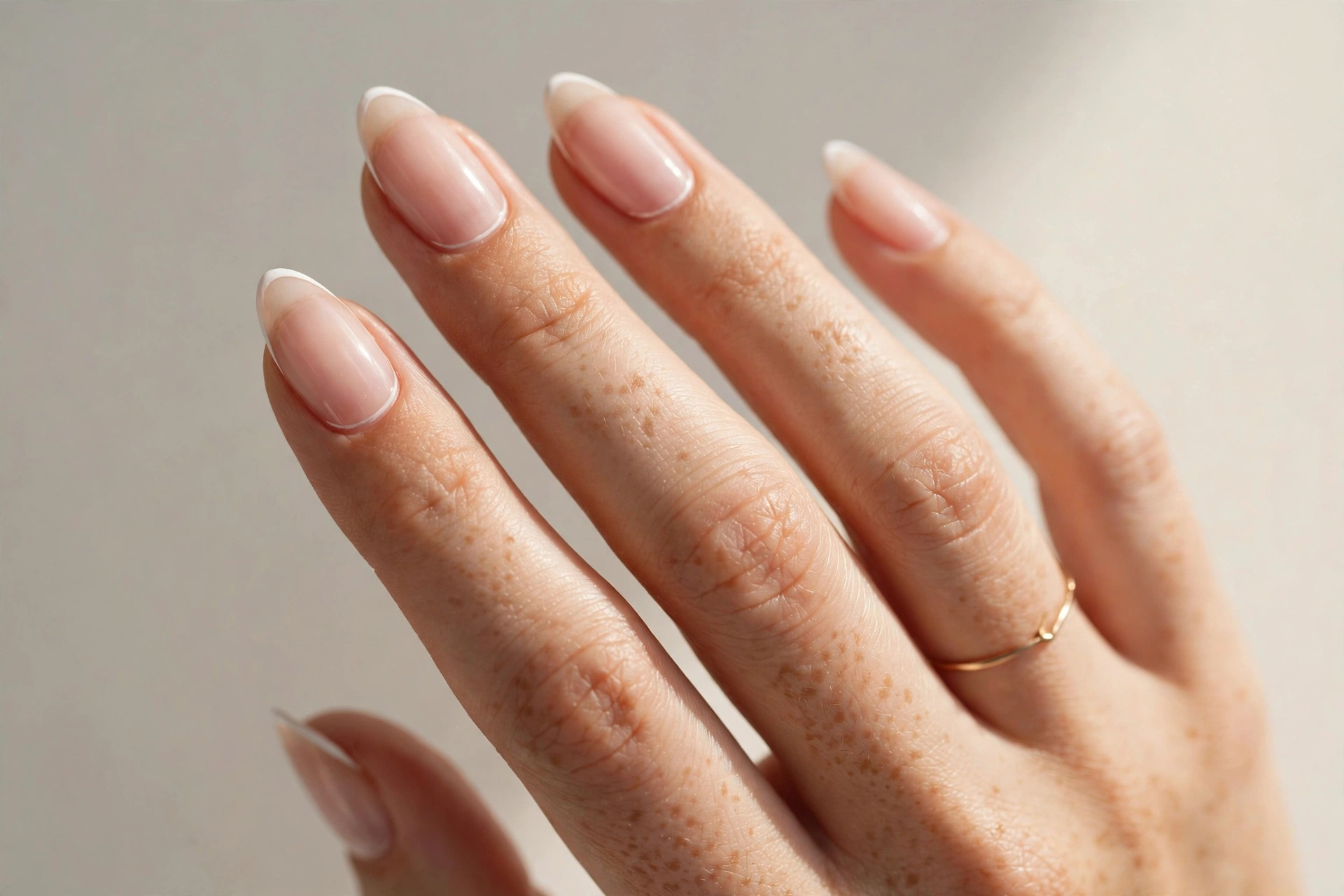Micro French tip manicure with thin delicate white tips on almond nails