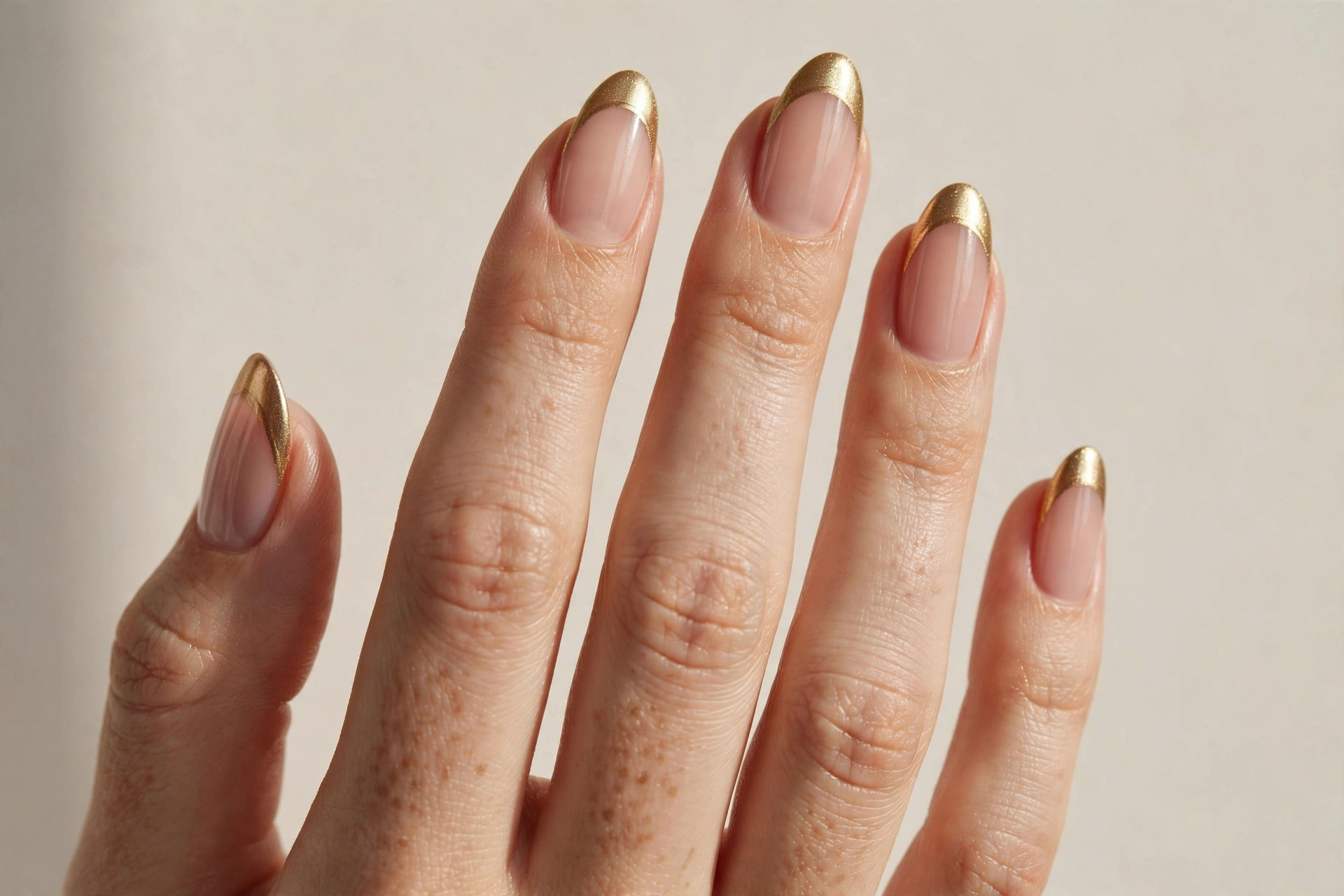 Gold metallic French tip manicure on almond shaped nails