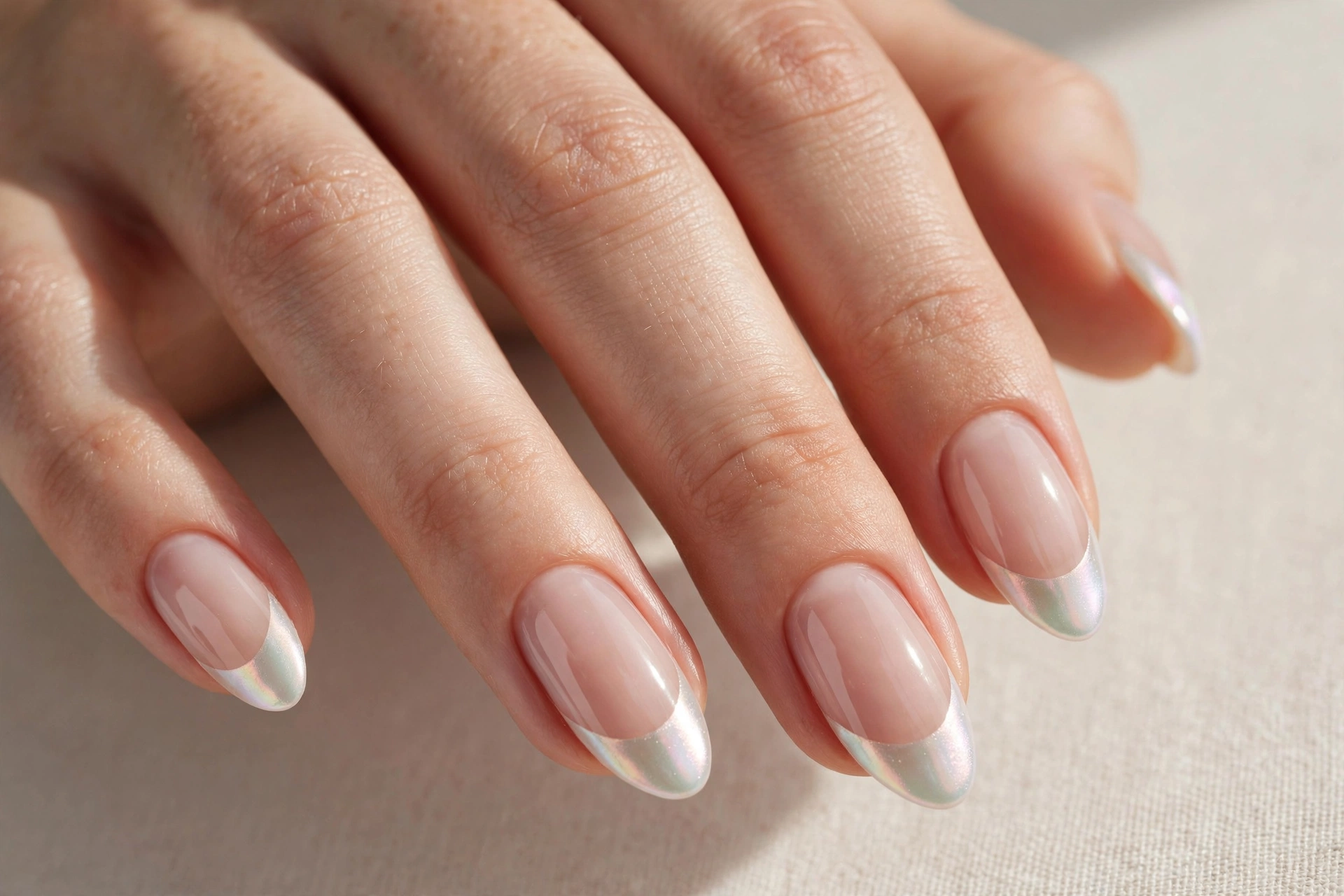 Pearl chrome French tip manicure with iridescent finish on almond nails