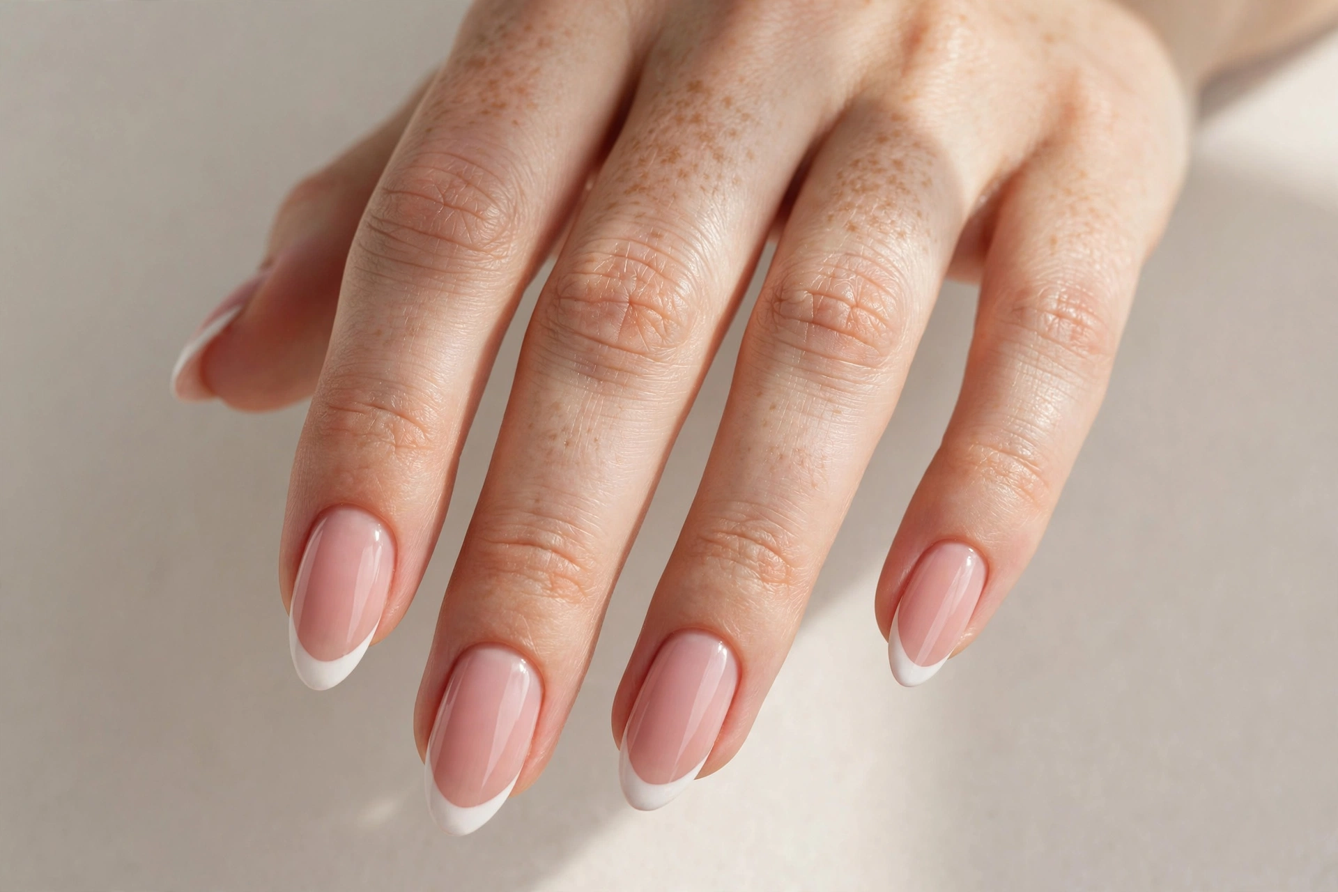 Blush pink base French tip manicure on almond shaped nails
