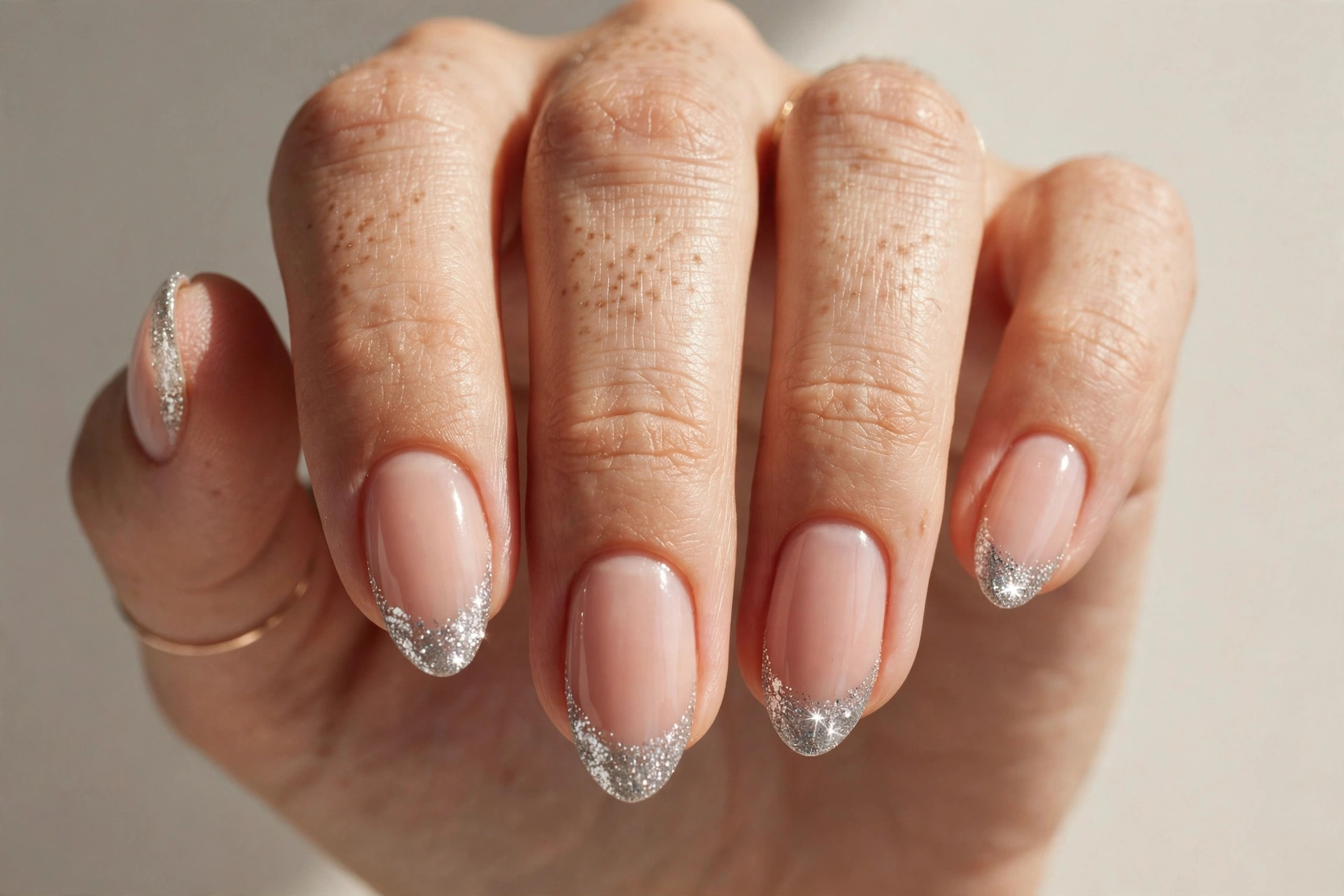 Silver glitter French tip manicure on almond nails