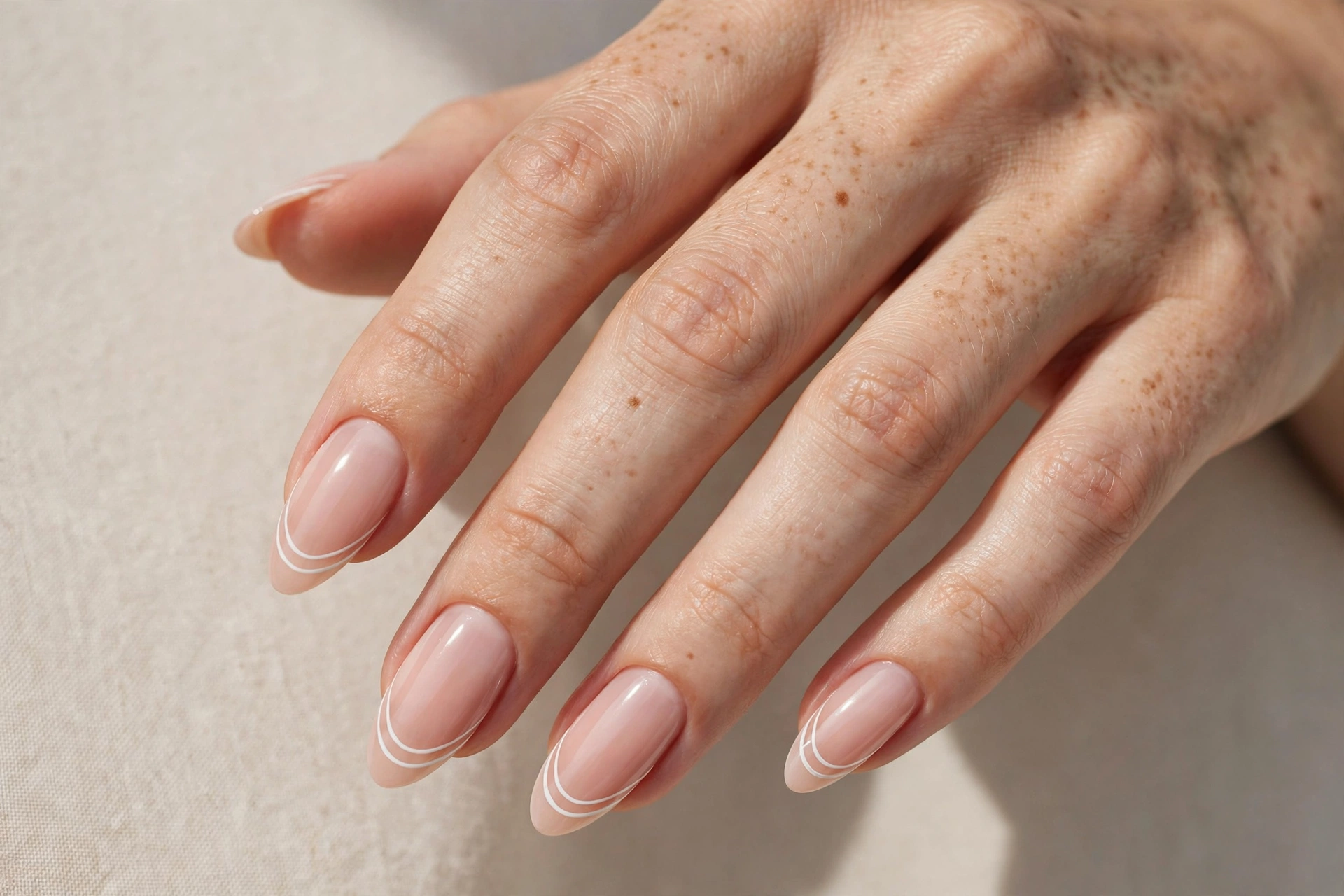 Double French line manicure with two parallel white lines on almond nails