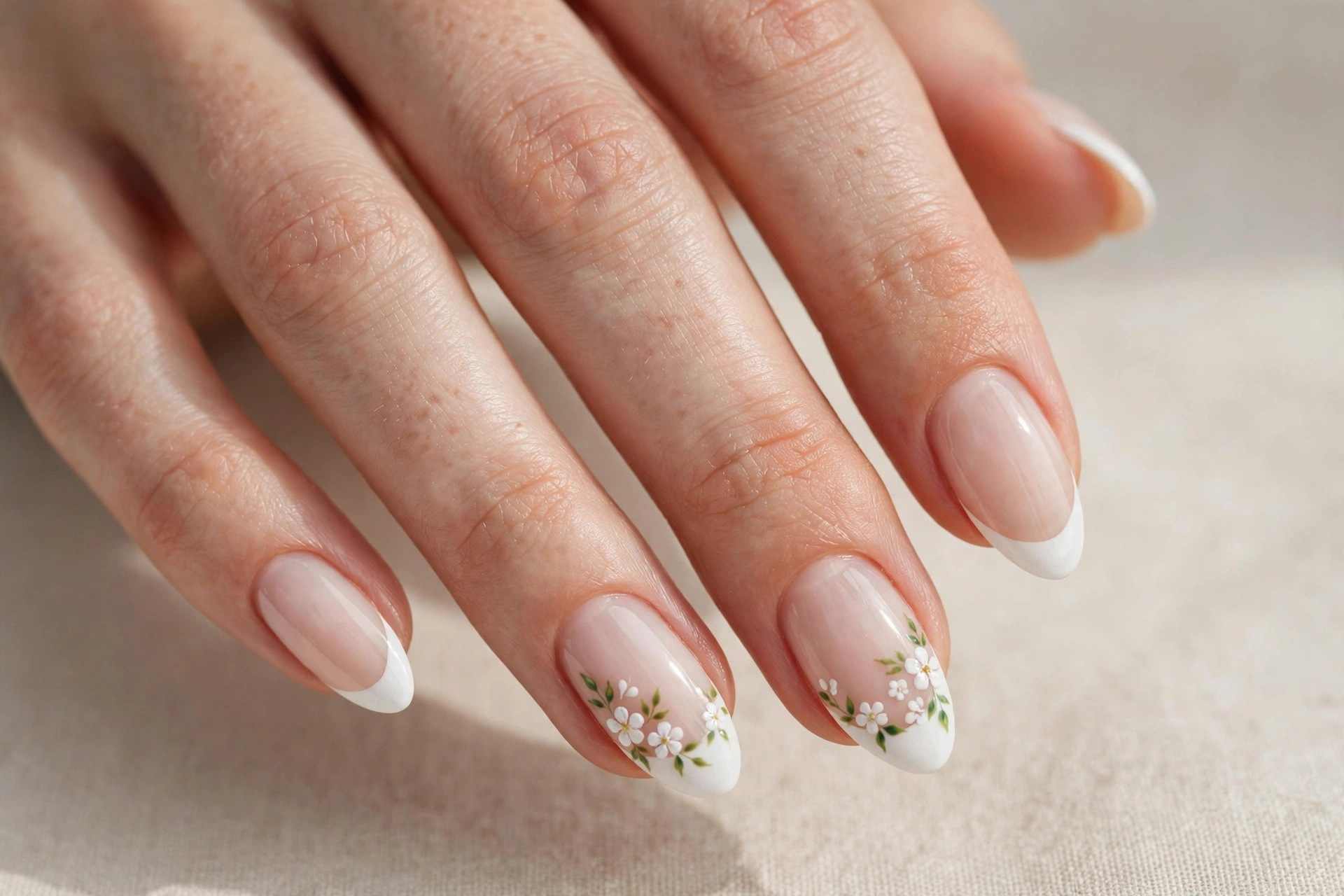 French tip manicure with hand-painted white floral accents on almond nails