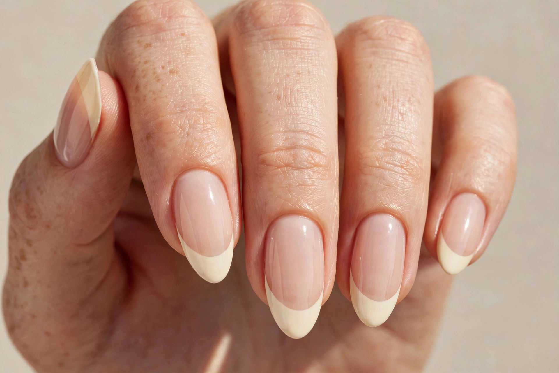 Ivory cream French tip manicure on sheer nude base, almond nails