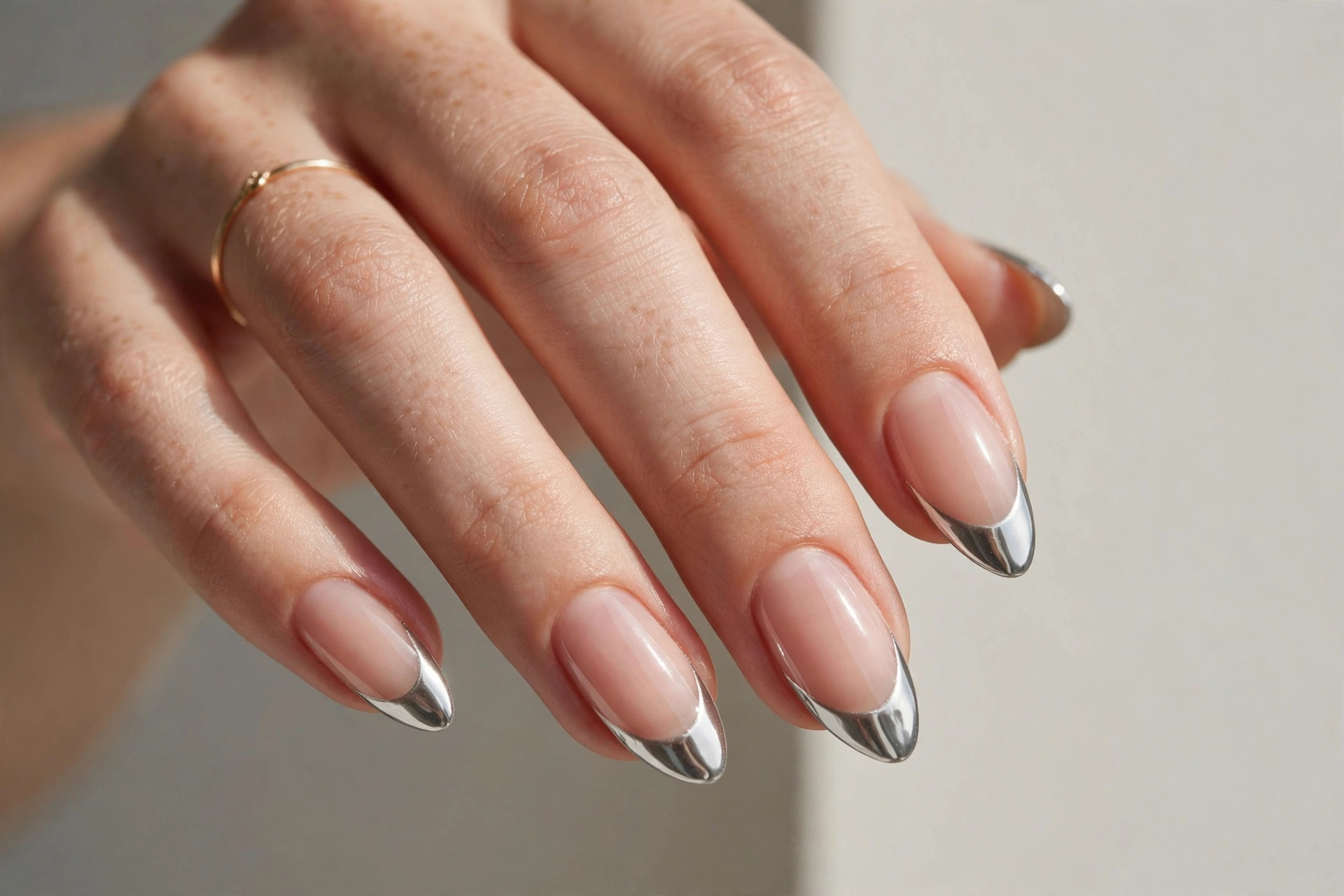 Silver chrome mirror French tip manicure on almond shaped nails