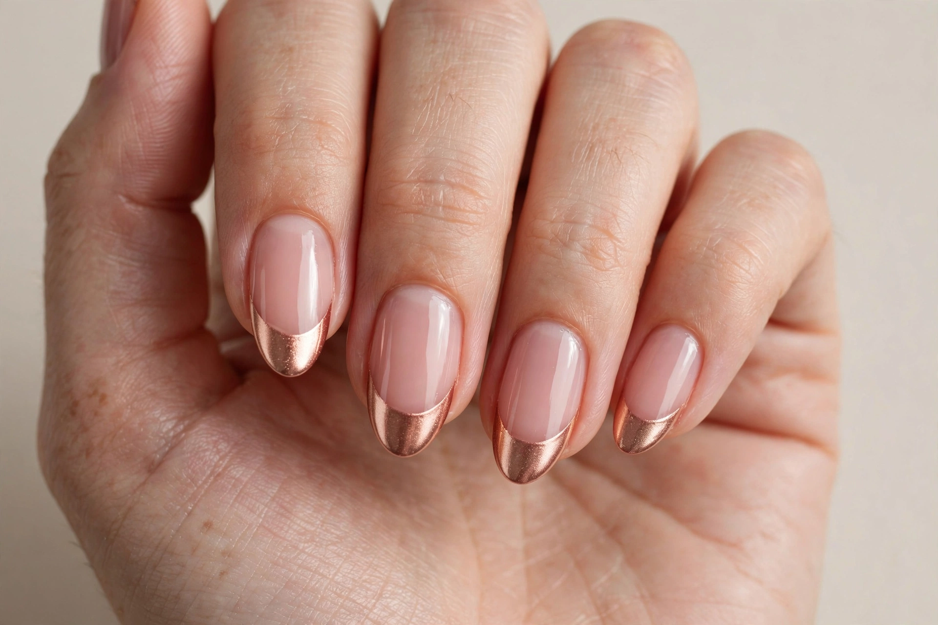 Rose gold metallic French tip manicure on almond nails