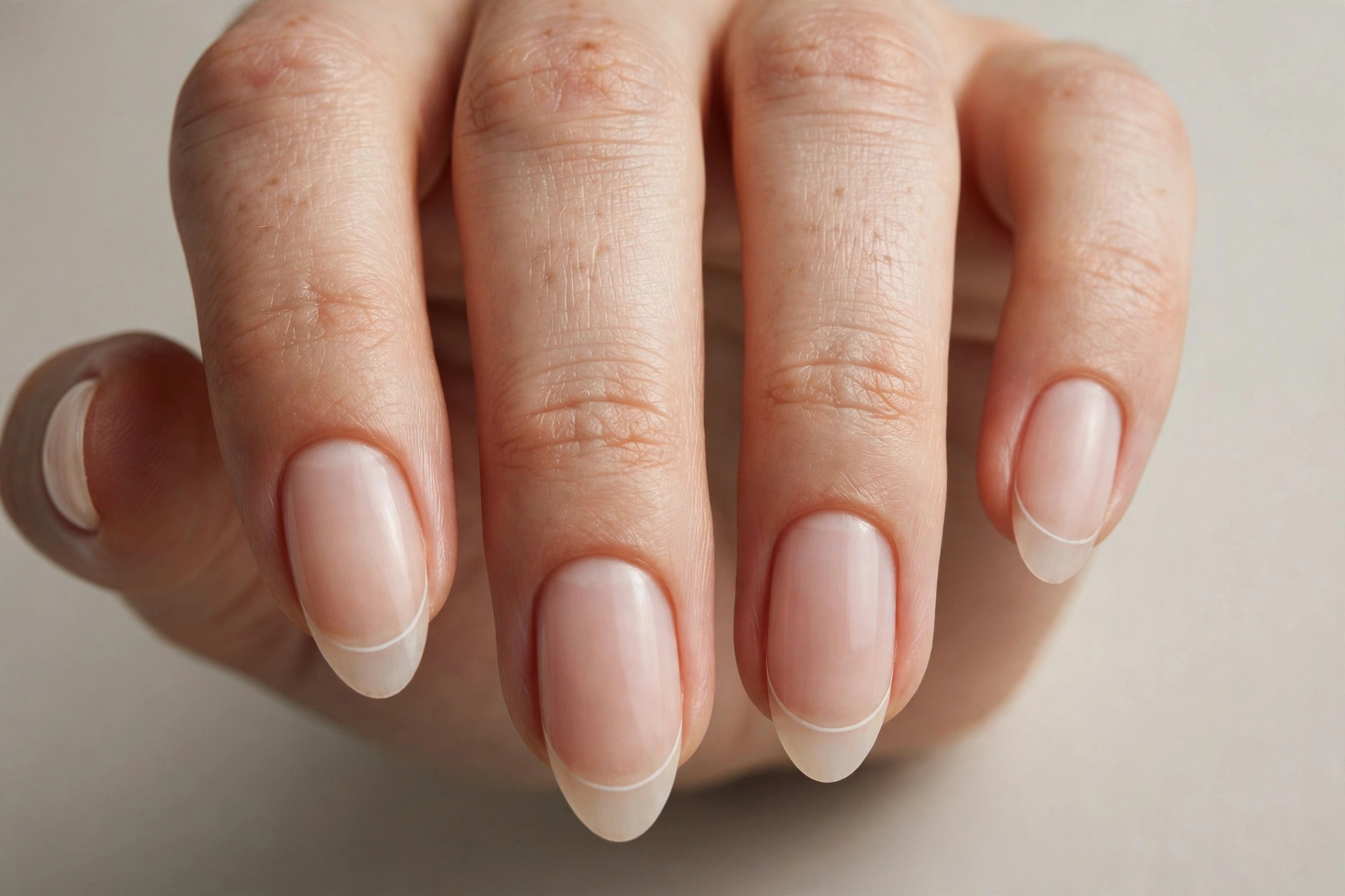 Minimal nude French manicure with ultra-thin white tip line on almond nails