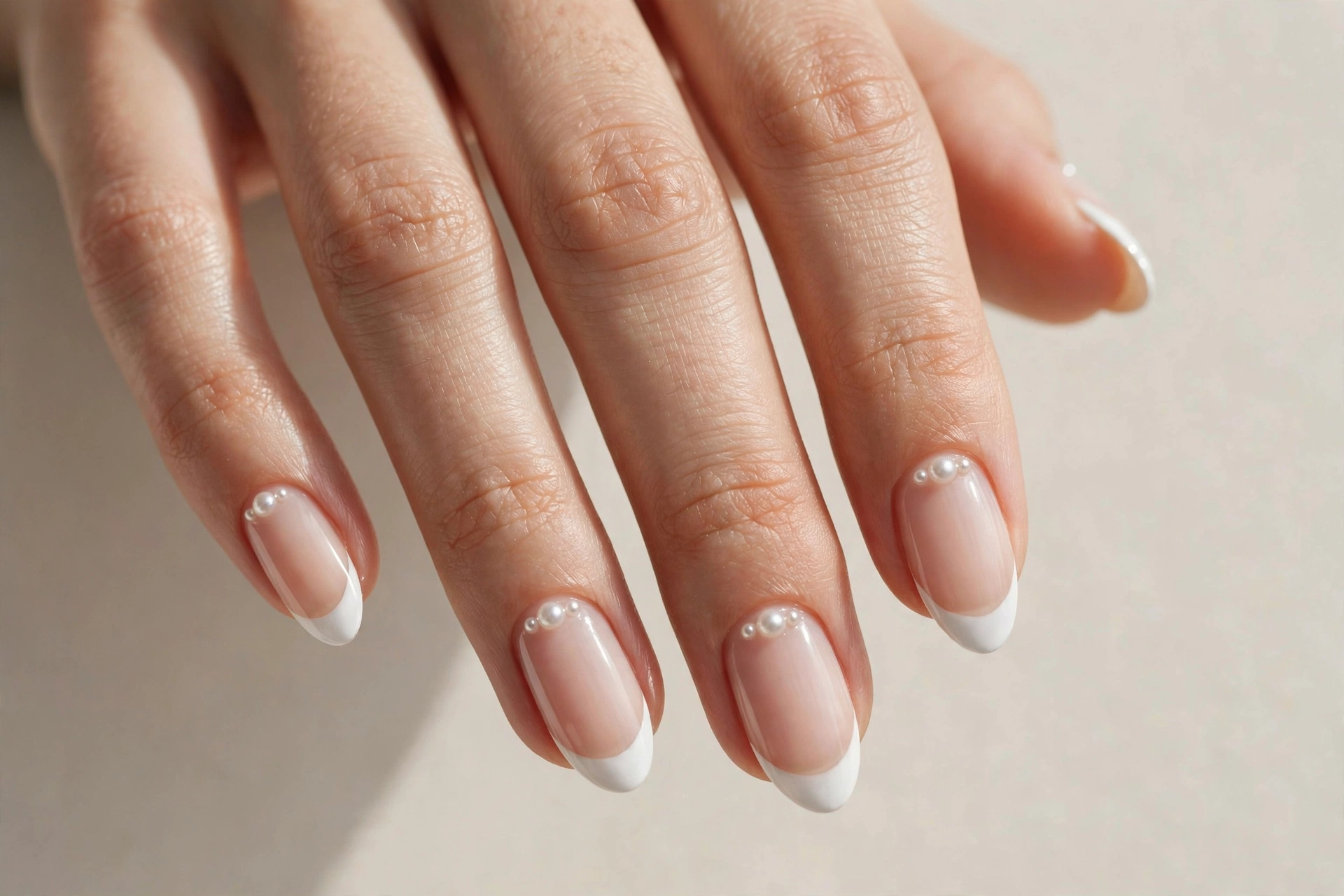 French tip manicure with small pearl stud accents near cuticles on almond nails