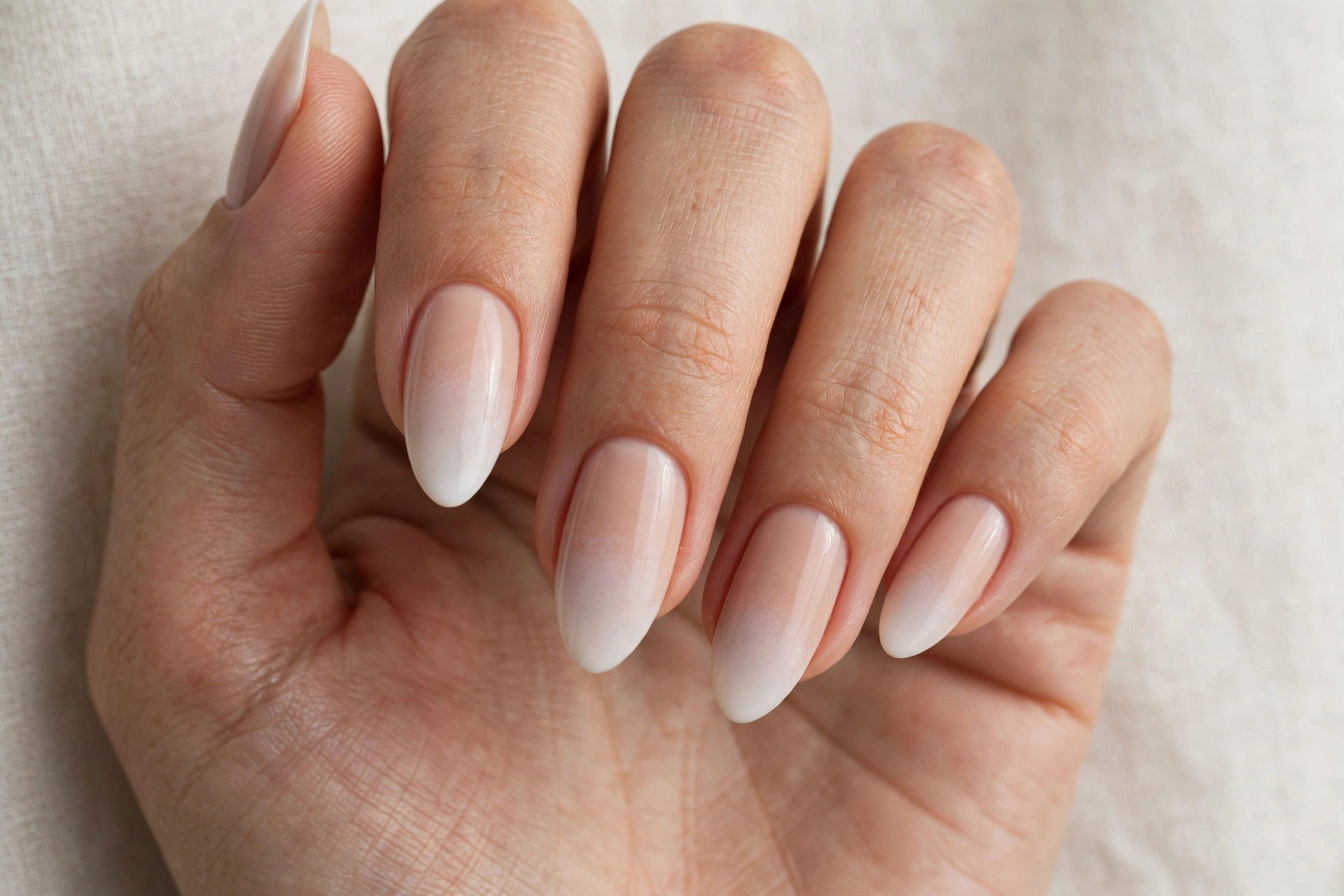 Ombré faded French manicure with white tips blended into nude base on almond nails