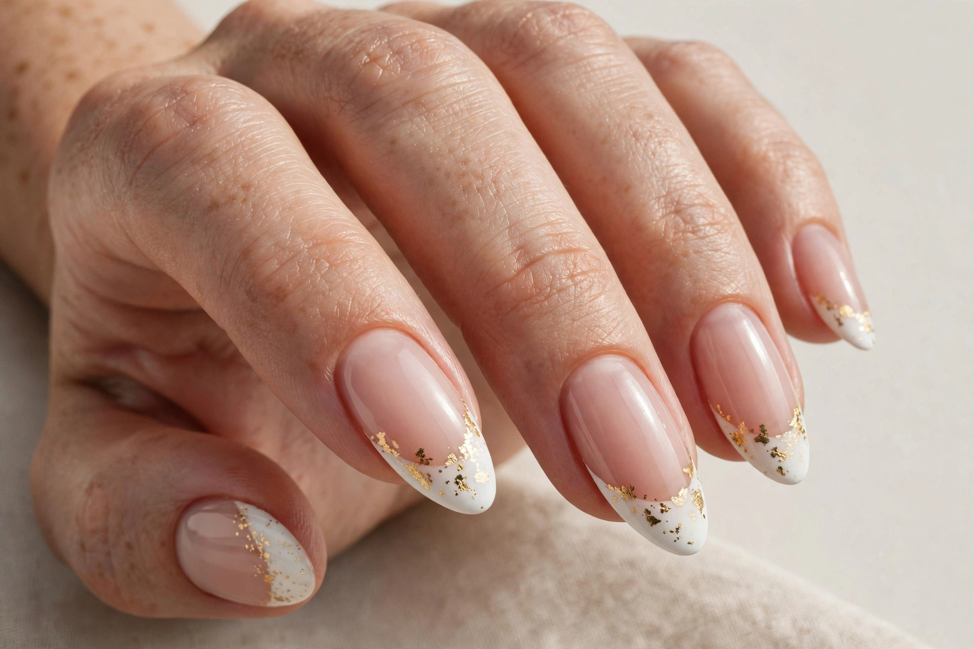 White French tip manicure with delicate gold foil flecks on almond nails