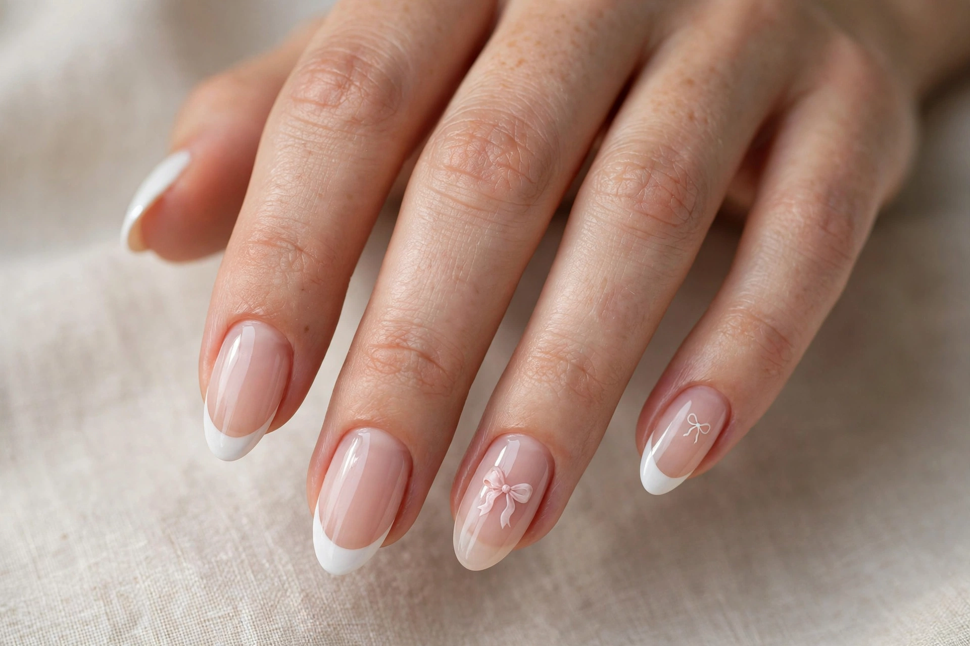 French tip manicure with tiny hand-painted bow details on accent nails, almond shape