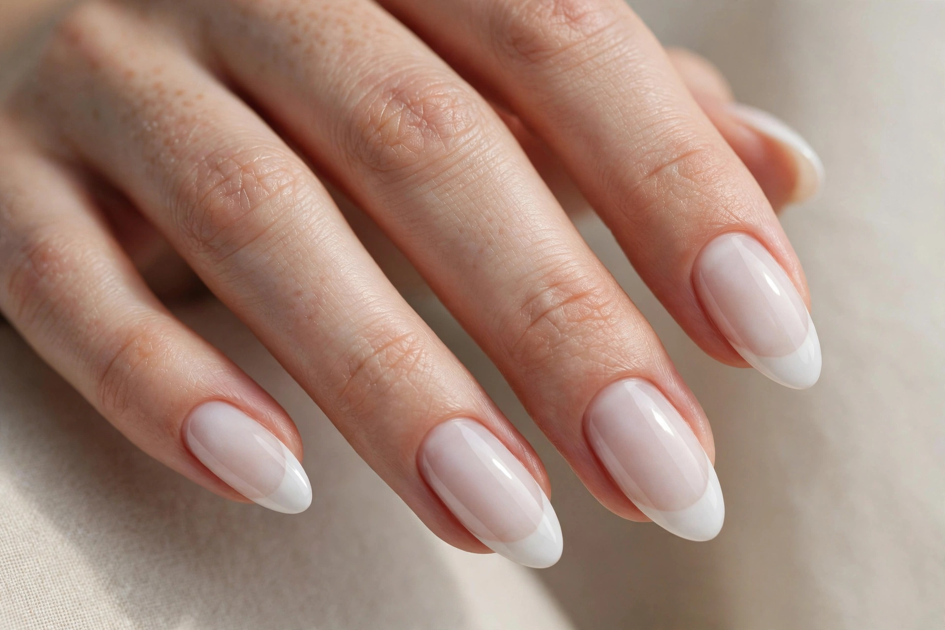 Milky white French manicure with soft translucent tips on almond nails