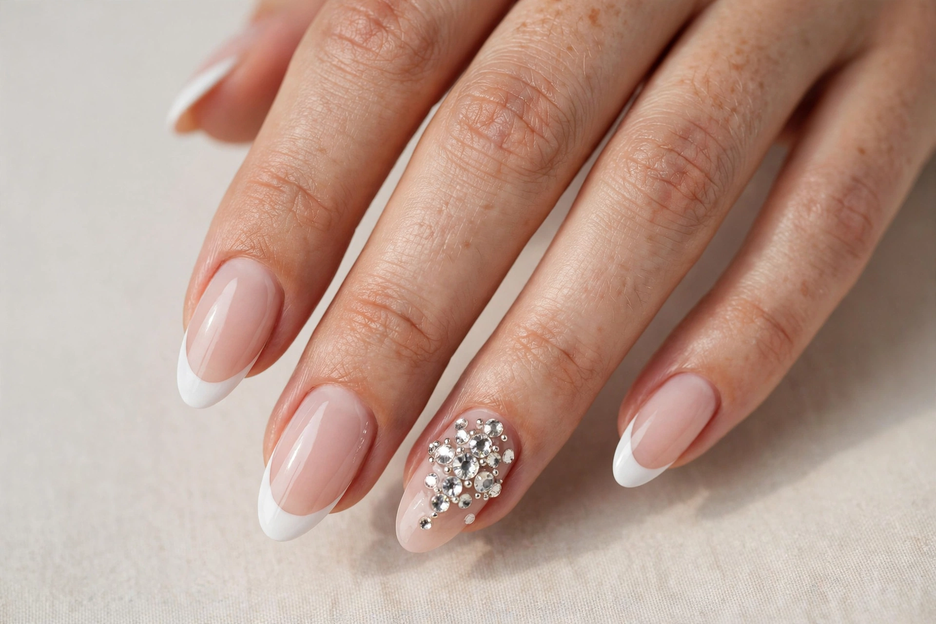 French tip manicure with crystal rhinestones on ring finger accent nail, almond nails