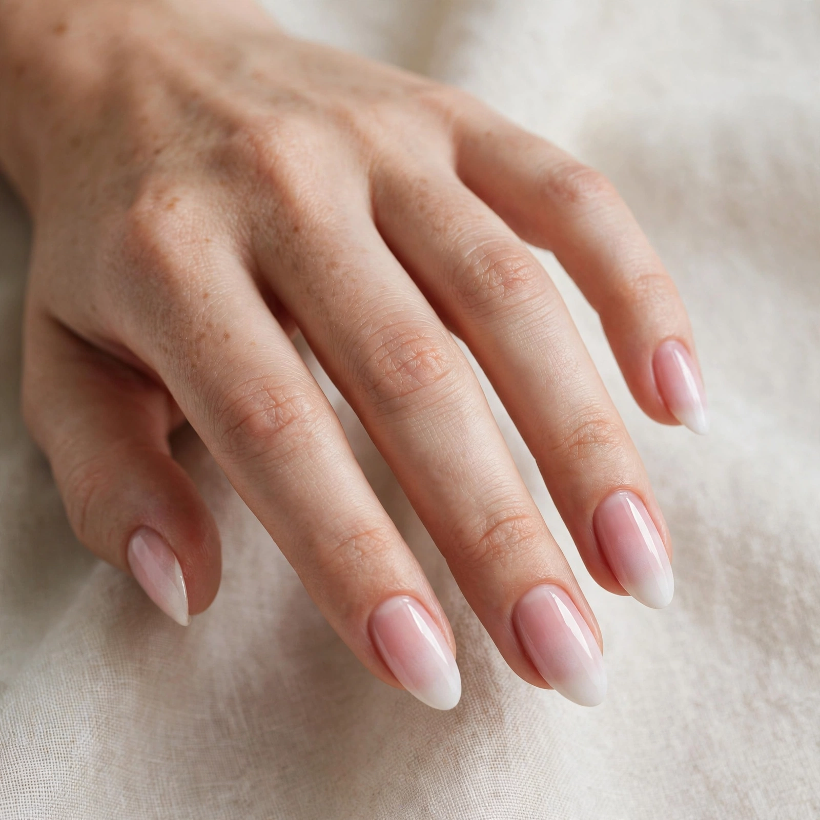 Baby boomer French manicure with pink to white gradient on almond shaped nails
