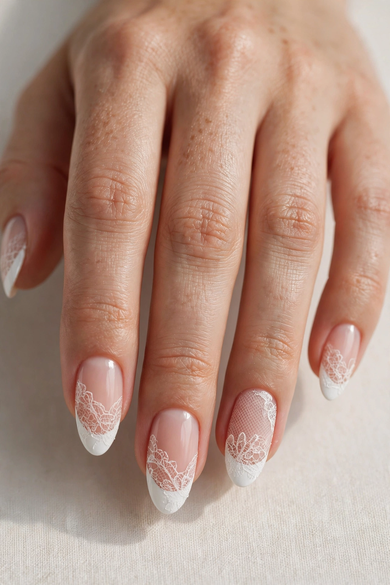 French tip manicure with delicate veil-like lace detailing on almond nails