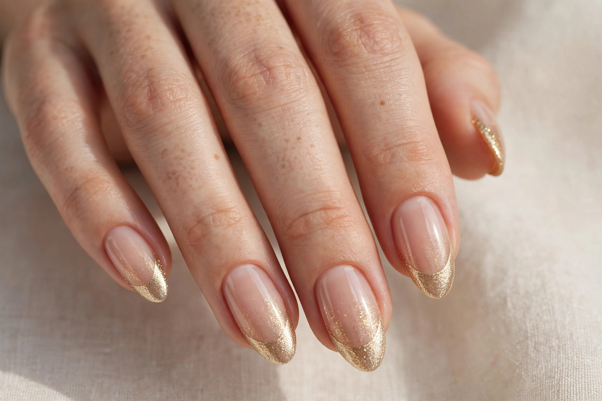 Champagne shimmer French tip manicure on almond shaped nails