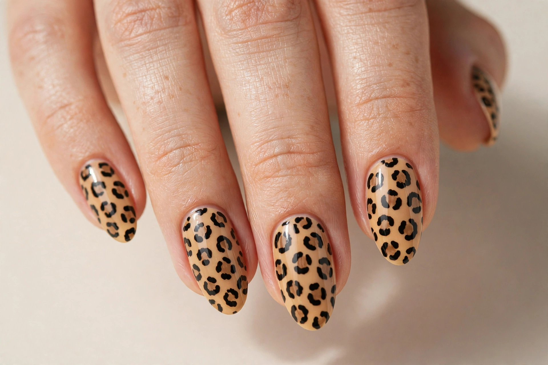 Classic leopard print nails in tan with black rosette spots