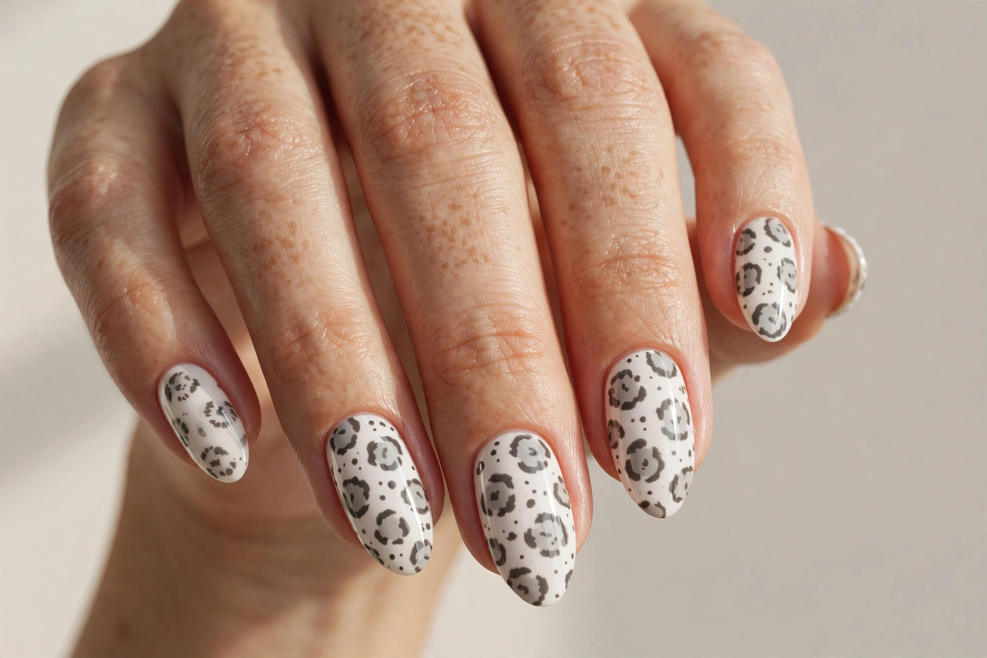 Snow leopard print nails with grey spots on white