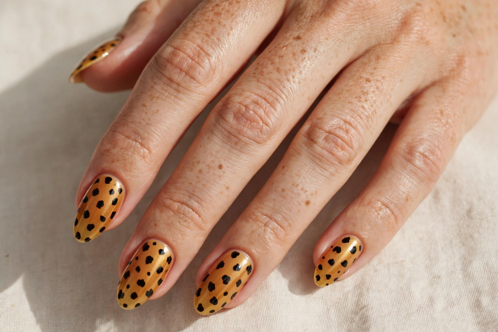 Cheetah spot nails with small black dots on amber