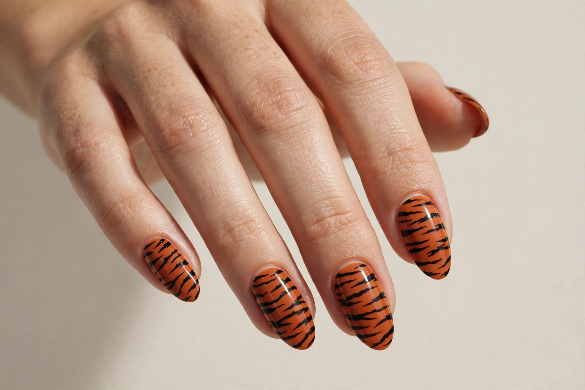 Tiger stripe nails with black stripes on burnt orange