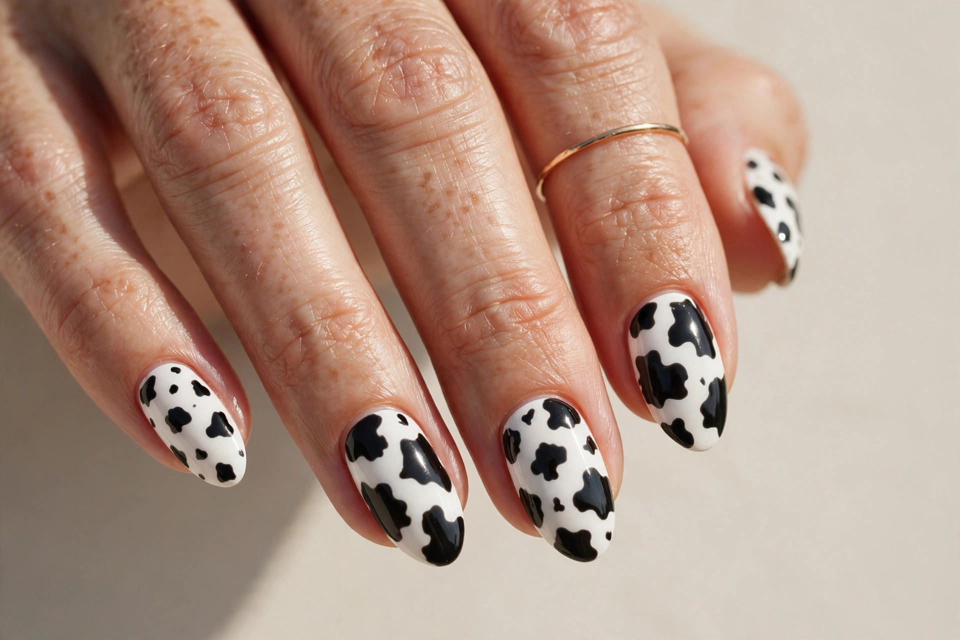 Cow print nails with black patches on white