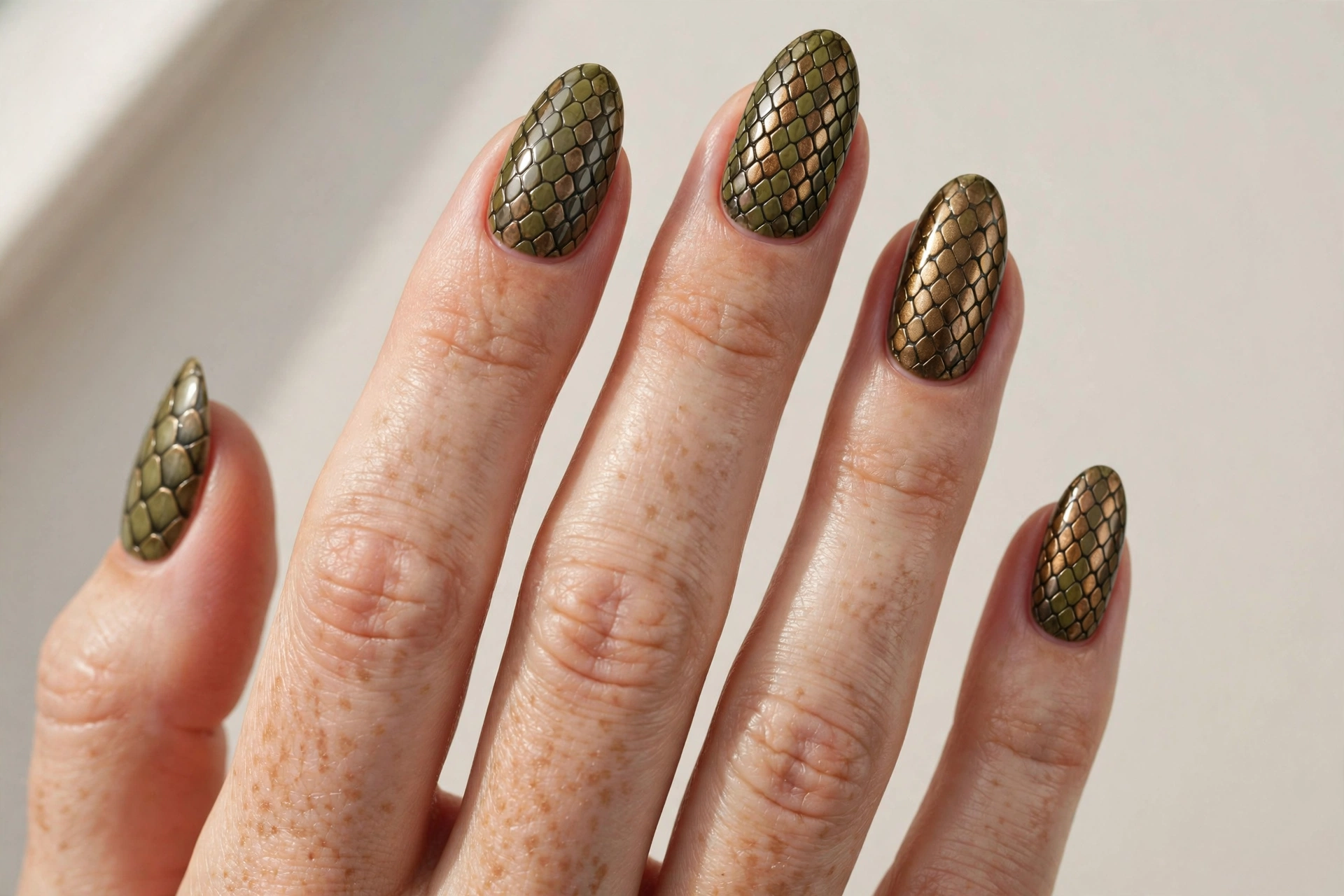 Snakeskin scale nails in olive and bronze