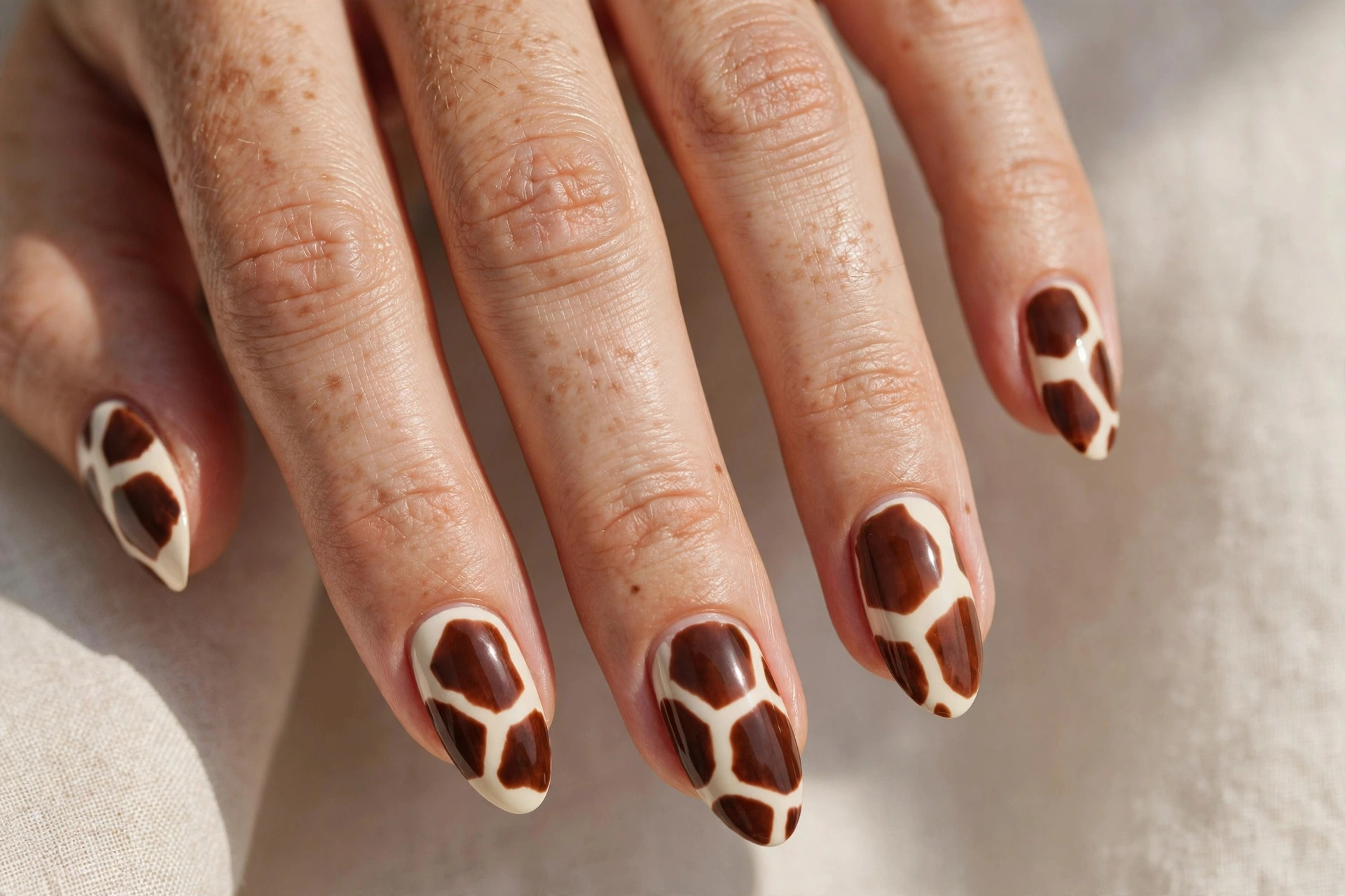 Giraffe spot nails with chestnut patches on cream