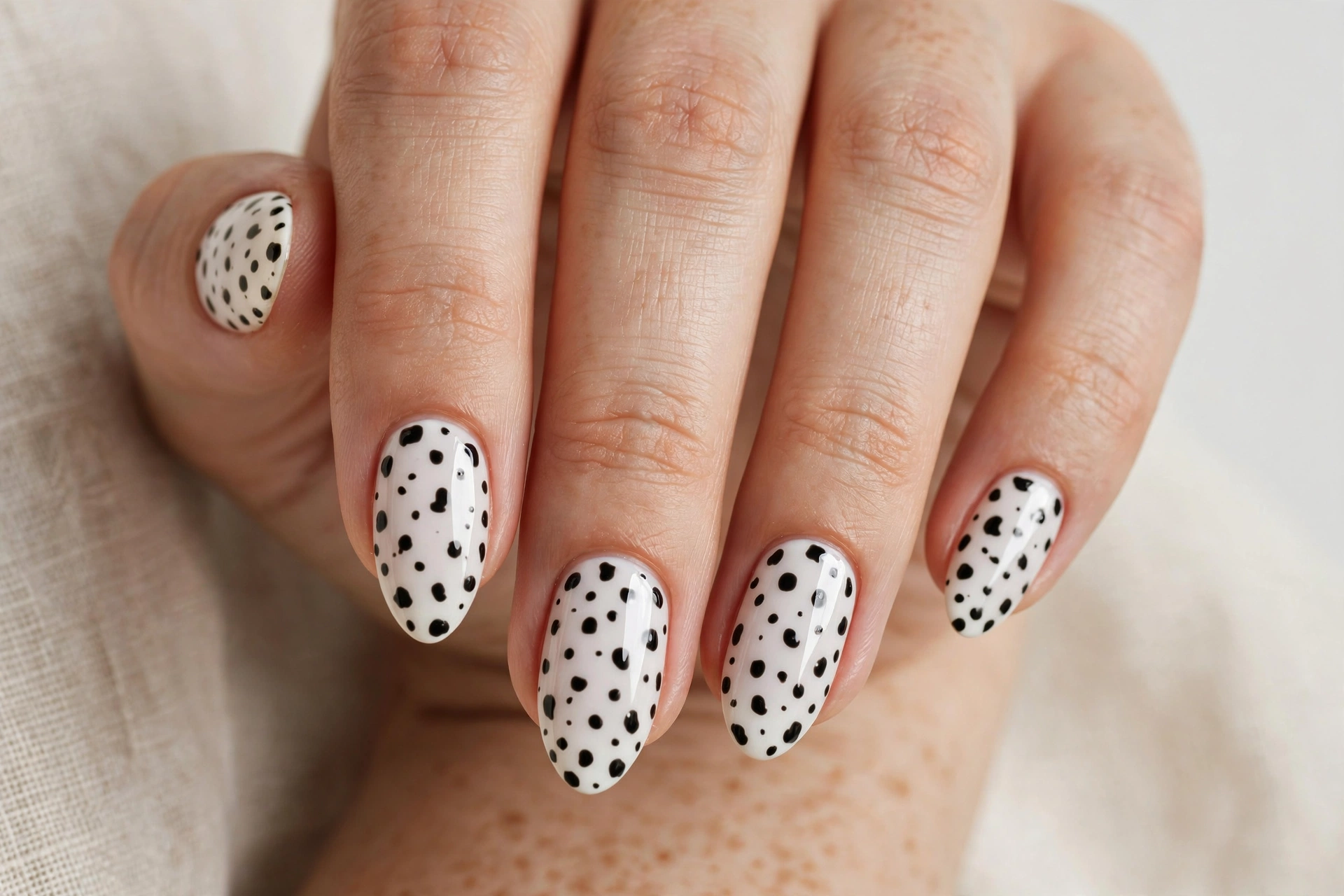 Dalmatian dot nails with black dots on white