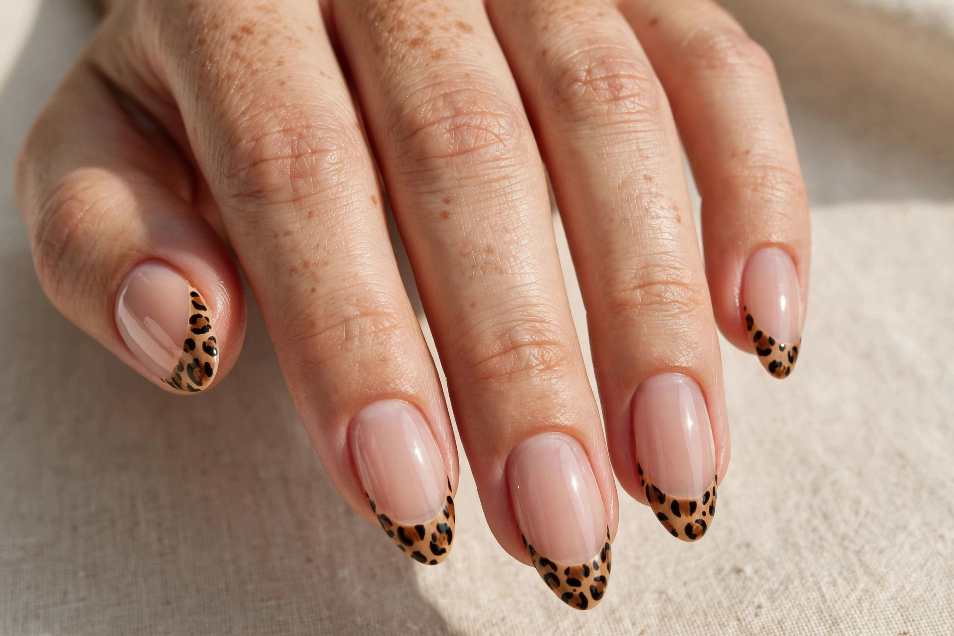 Leopard print french tip nails on sheer nude base