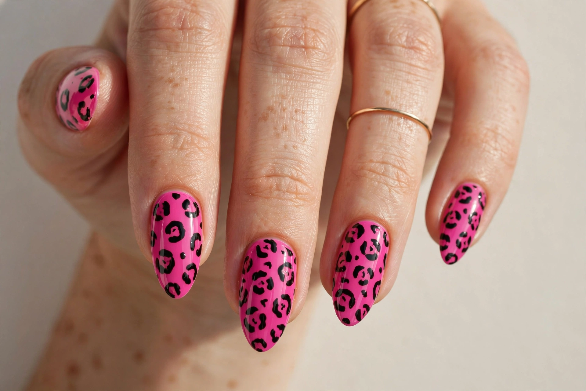 Pink leopard print nails in hot pink with black spots