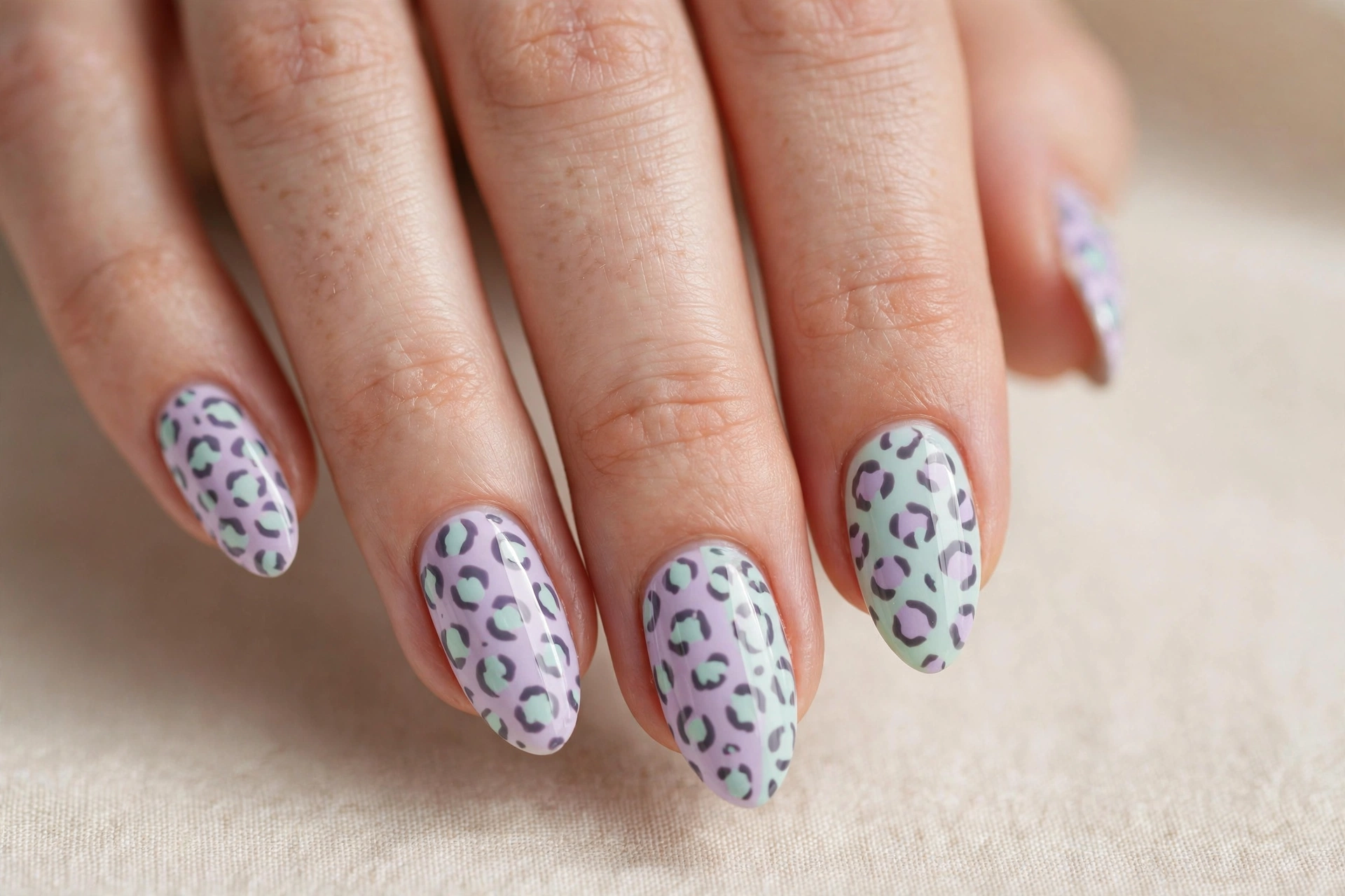Pastel animal print nails in lavender and mint leopard spots