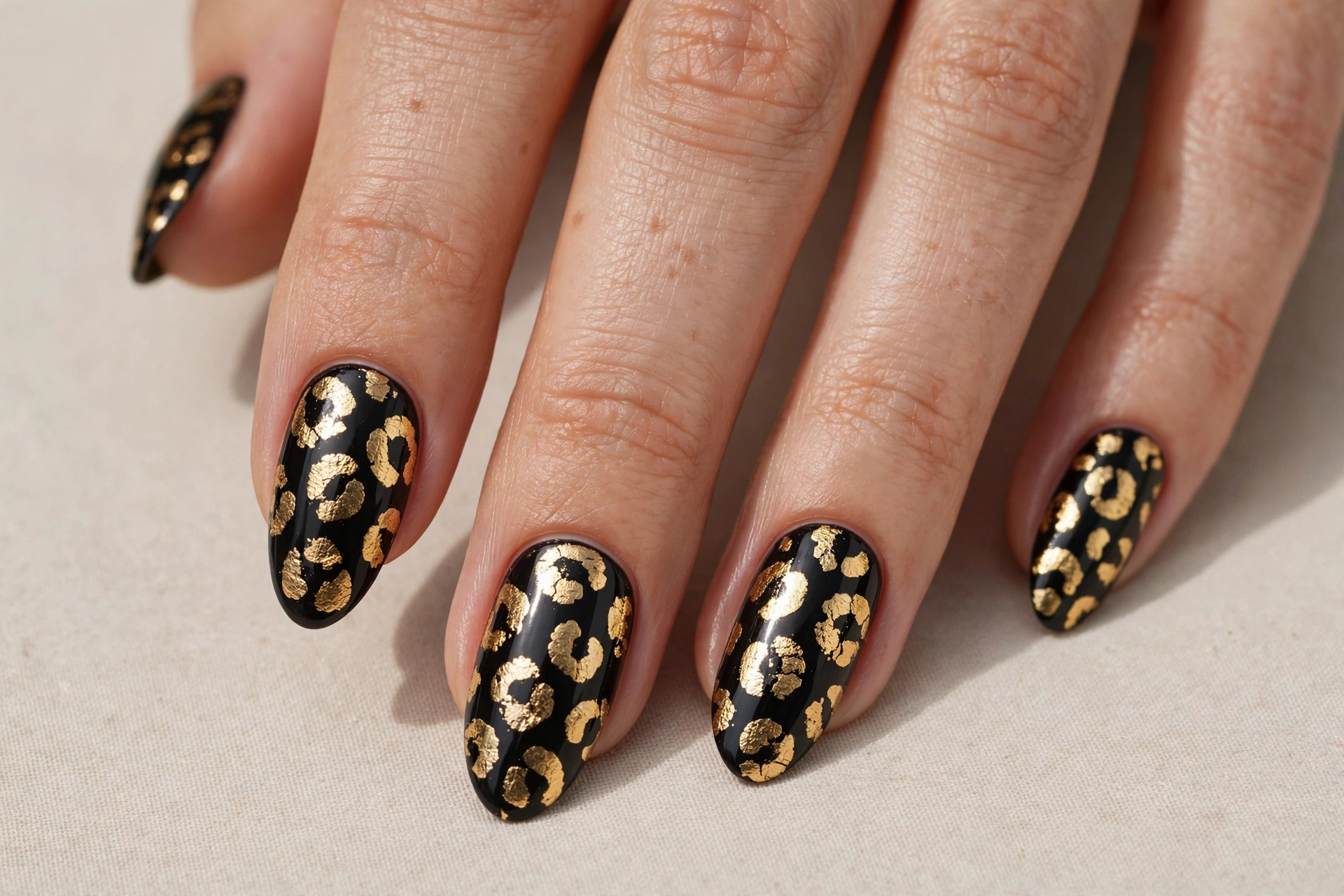 Metallic gold leopard print nails on black