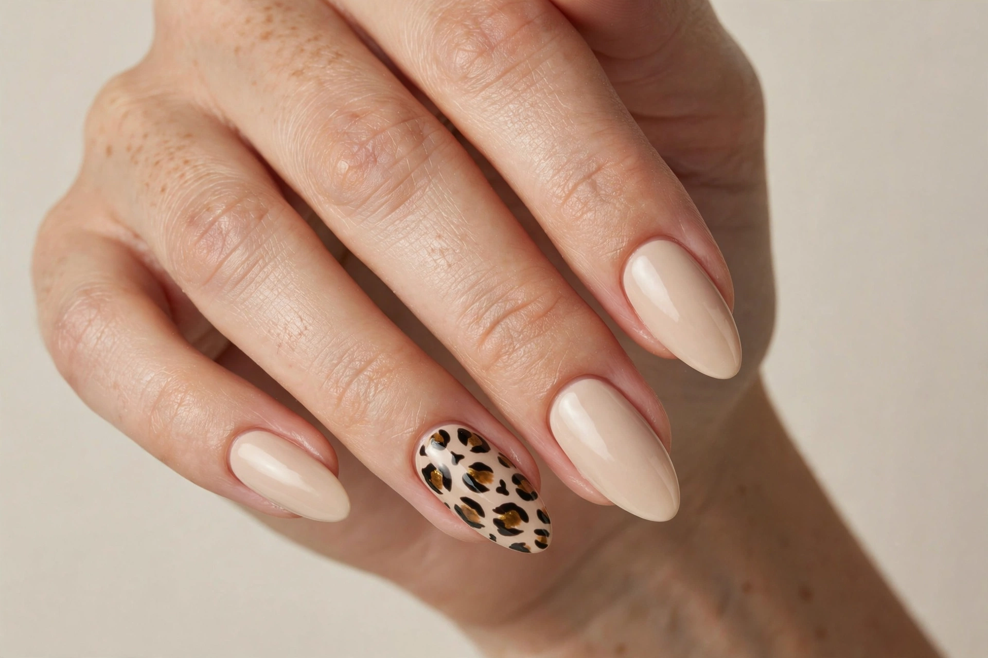 Nude nails with single leopard print accent nail