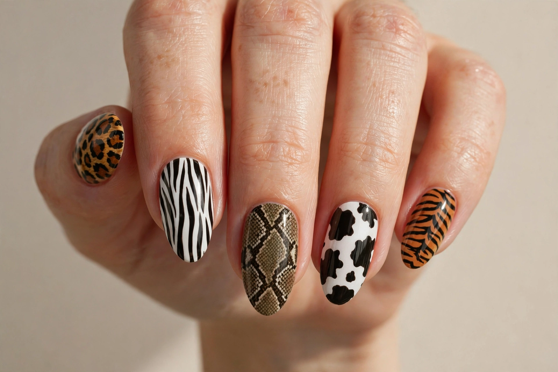 Mixed animal print nails with leopard zebra snakeskin cow and tiger on each nail