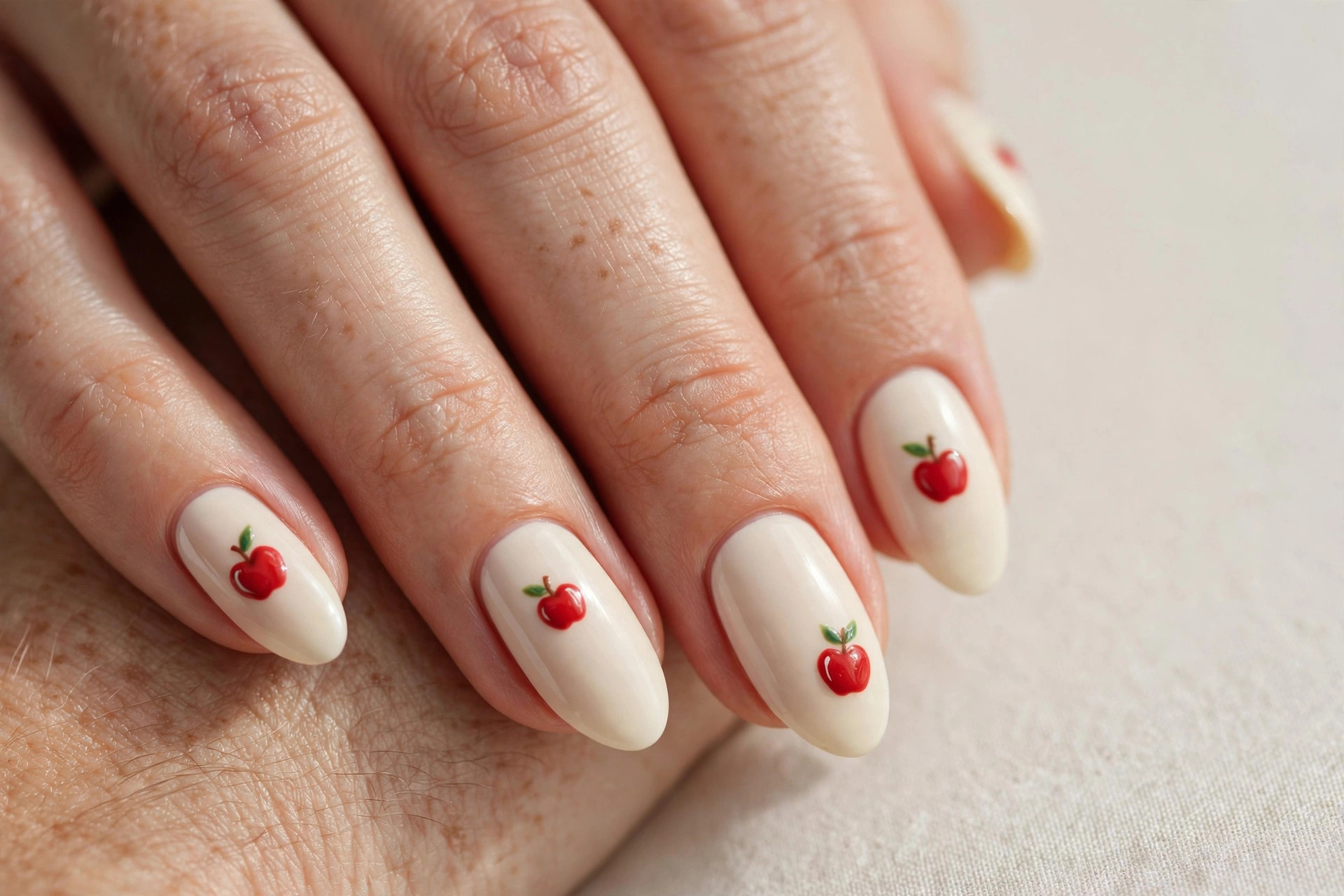 Close-up of a woman's hand with cute red apple with green leaf nail art on cream fall manicure on almond shaped nails