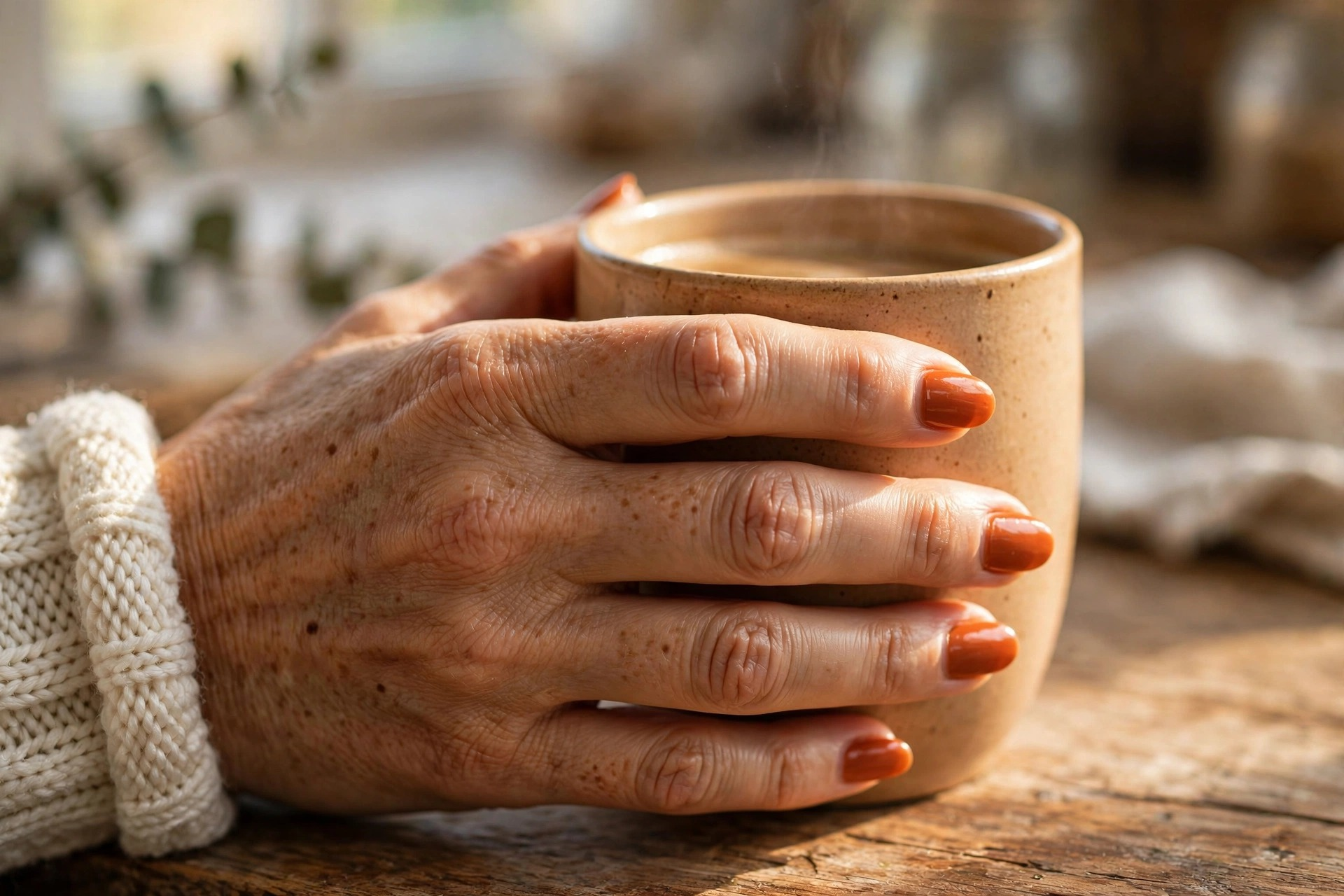 Burnt orange creme autumn nail designs on medium almond nails holding a coffee mug