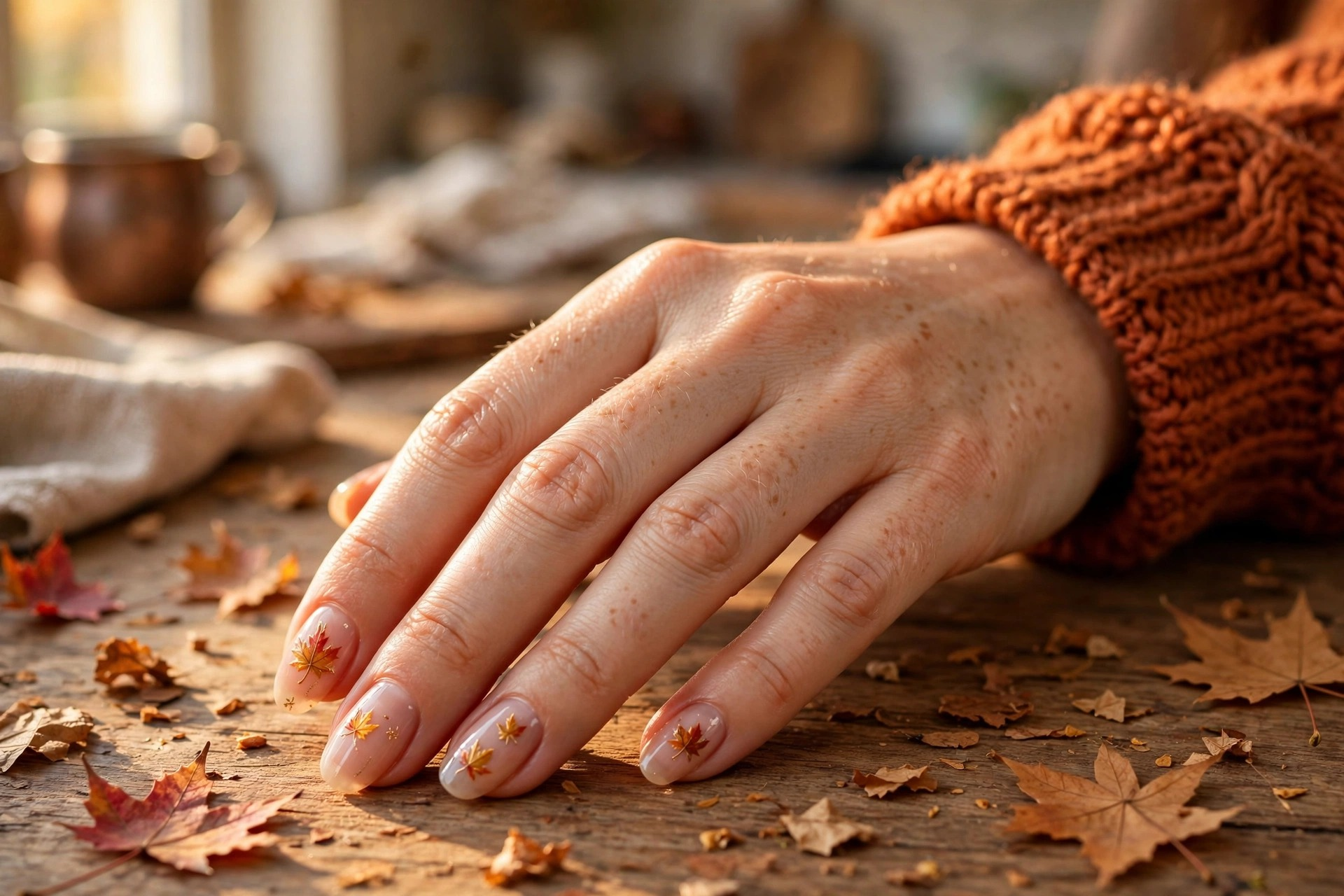 Hand-painted falling maple leaves autumn nail art in red gold and orange on nude base