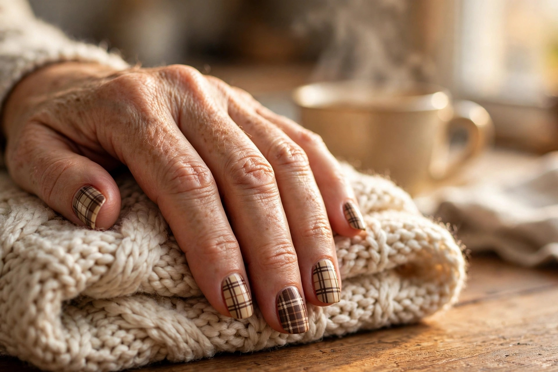 Cozy brown plaid flannel nail art in chocolate tan and cream