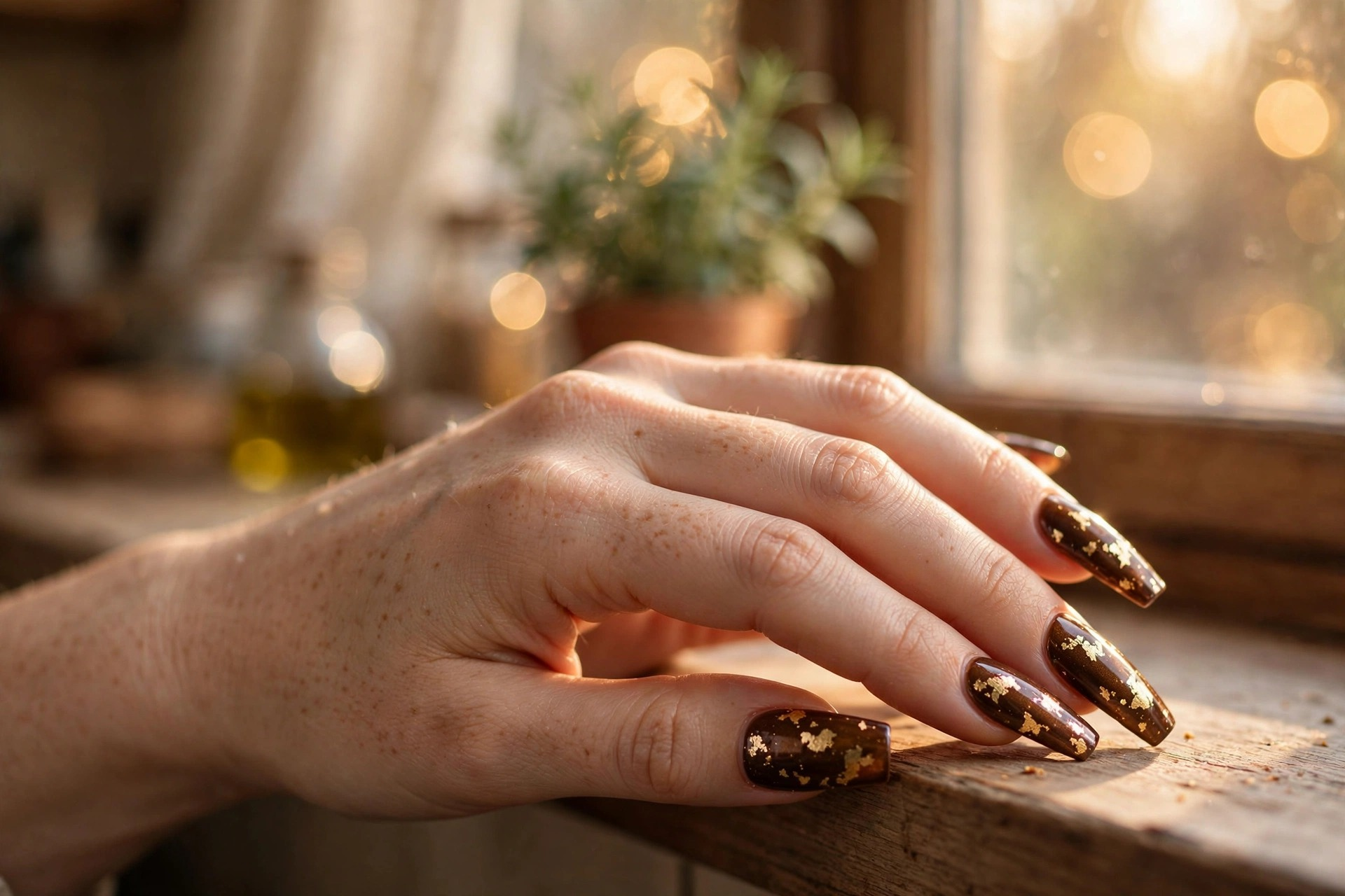 Golden harvest foil autumn nails with gold flakes over deep bronze base