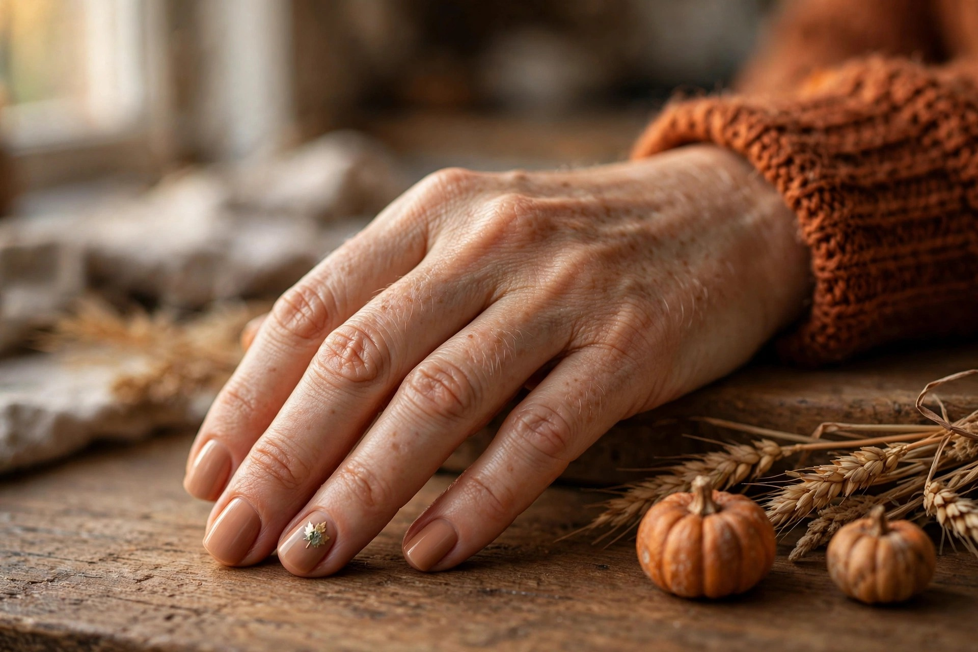 Rustic maple leaf accent autumn nails with tiny gold leaf on ring finger