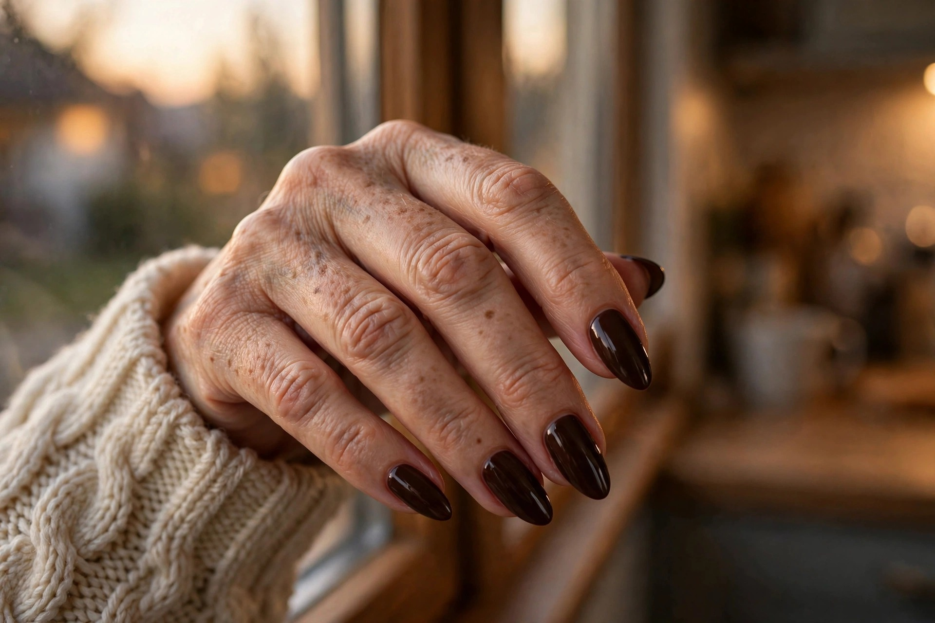 Deep espresso brown glossy autumn nails on long almond nails