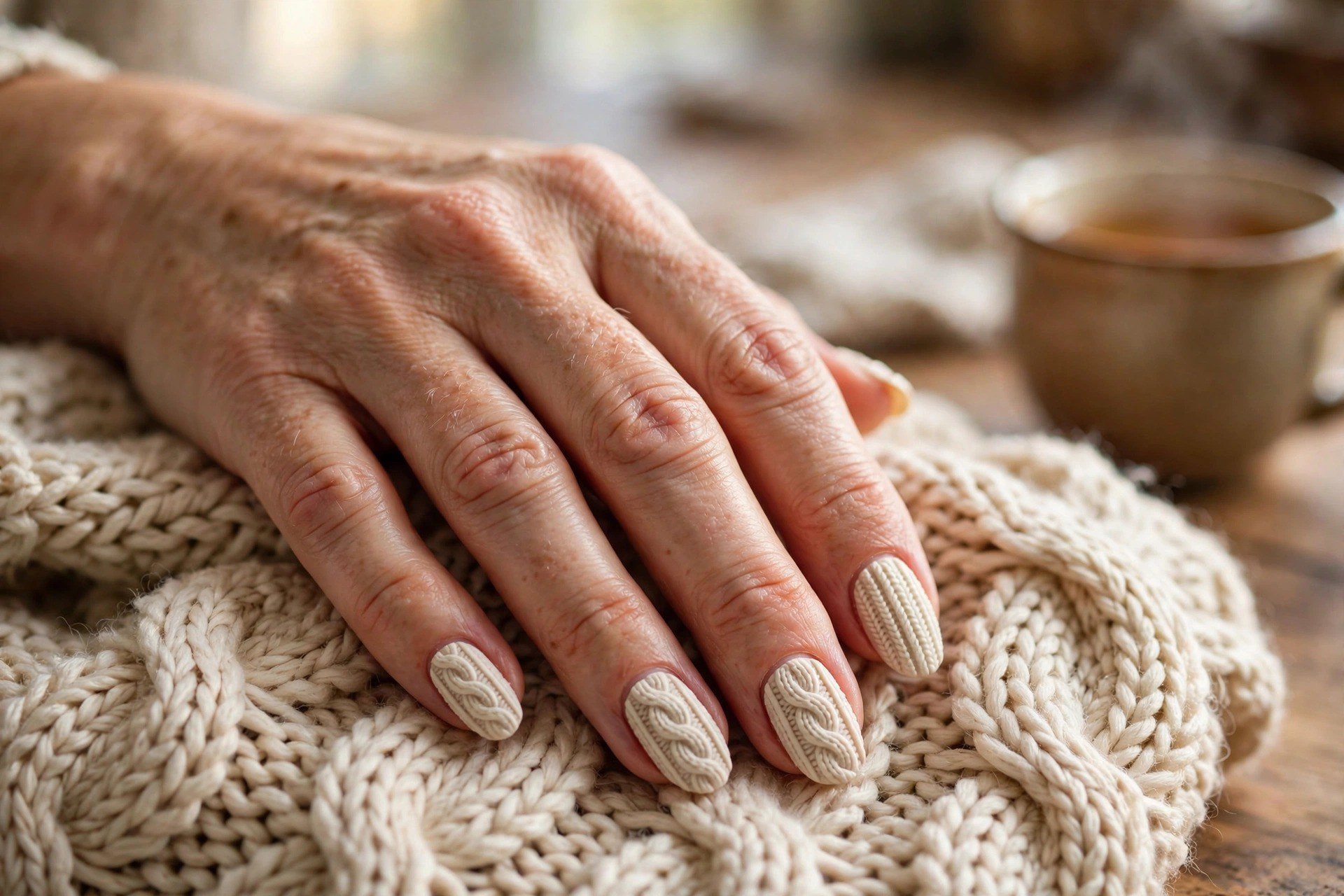 Sweater-knit cable texture autumn nail art in cream beige with 3D pattern
