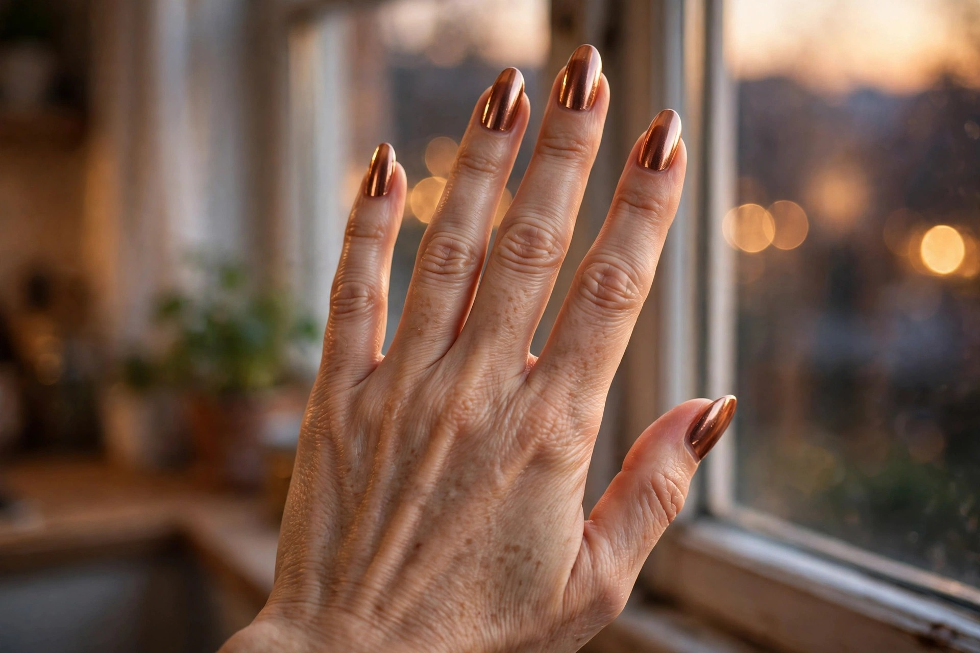 Reflective copper chrome autumn nails with mirror shine on long almond nails