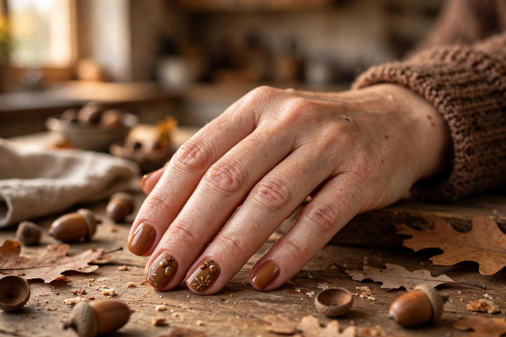 Acorn and twig accent autumn nail art in brown and gold on caramel base