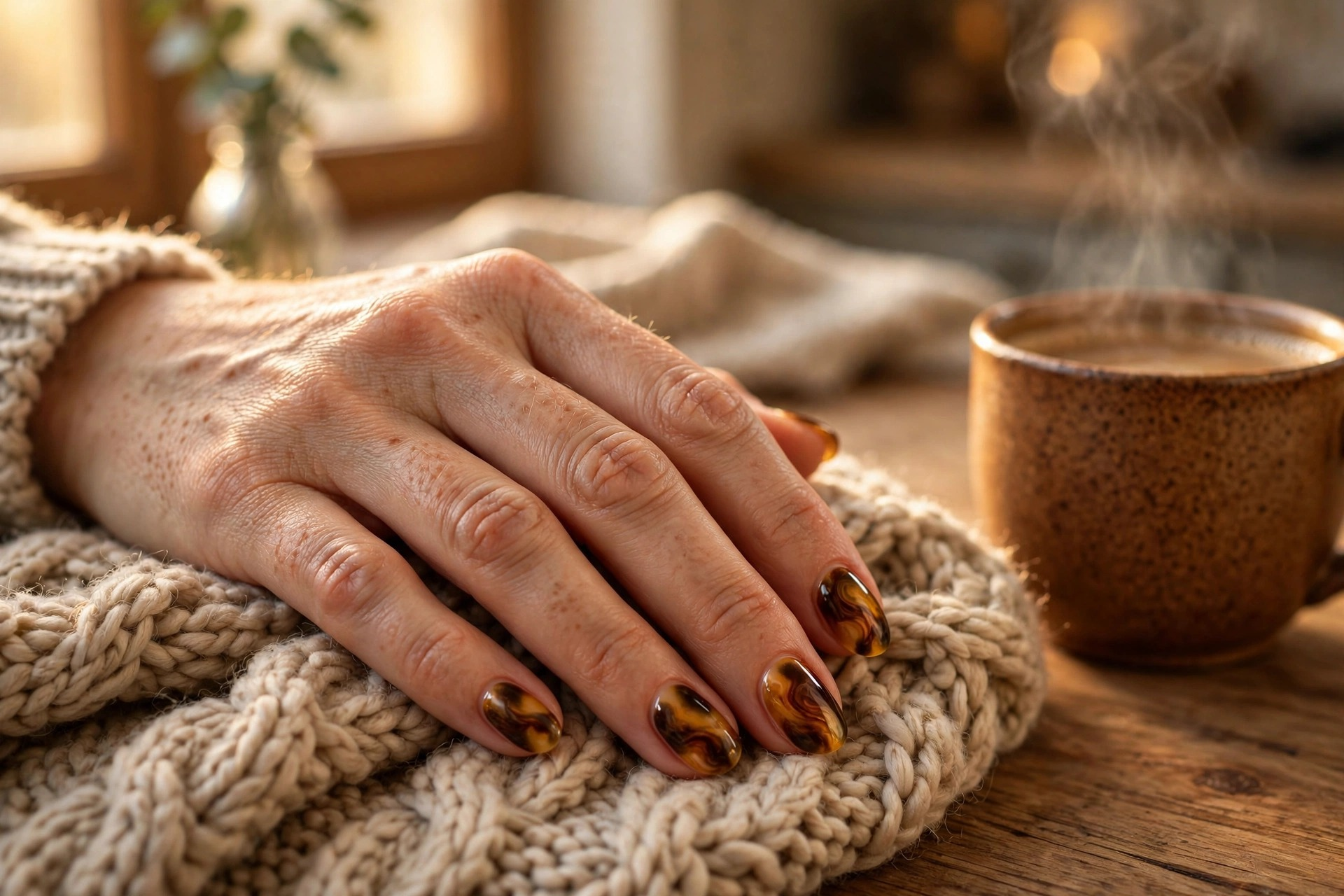 Amber tortoiseshell autumn nail art with honey and coffee swirls