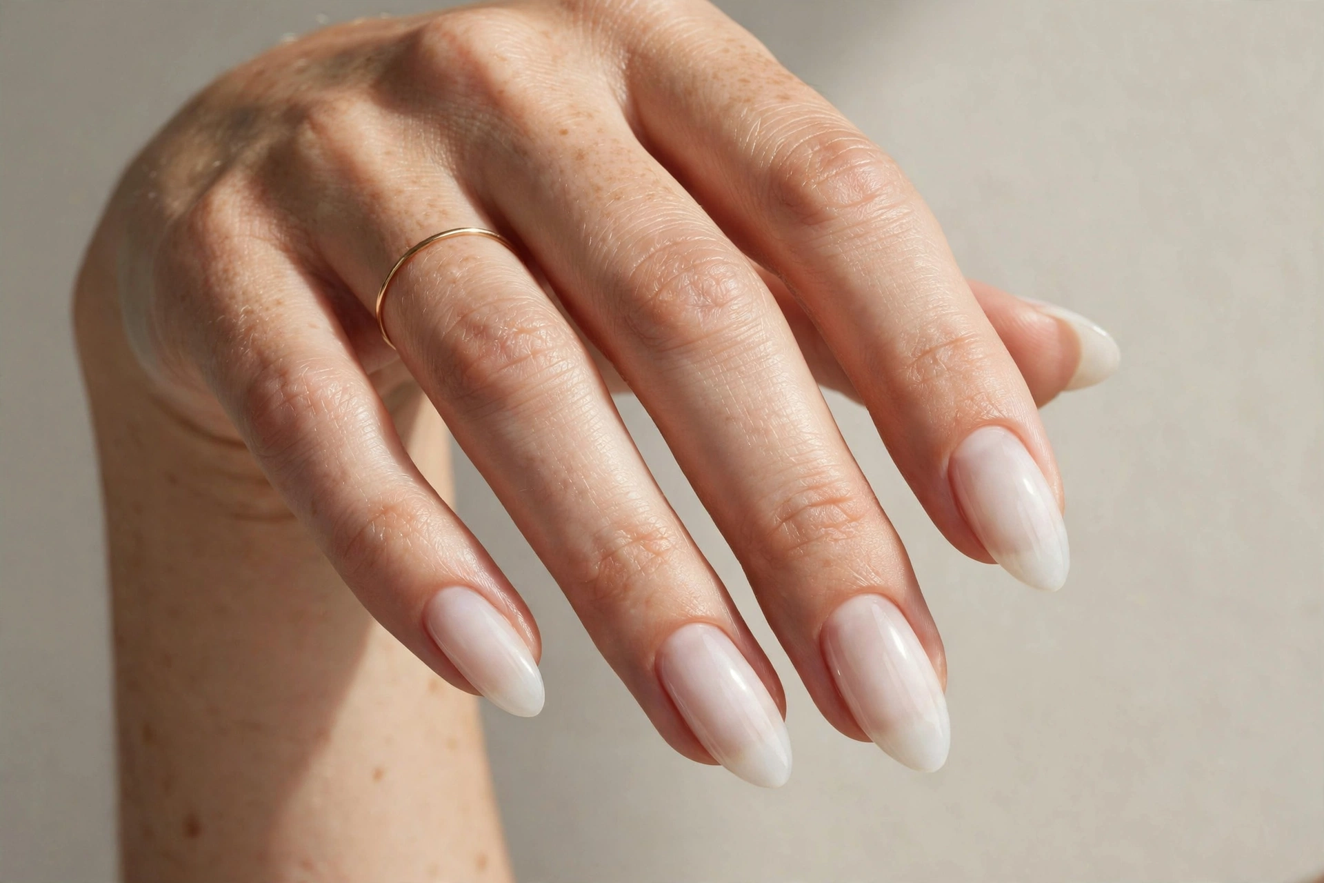 Milky white sheer manicure on almond nails