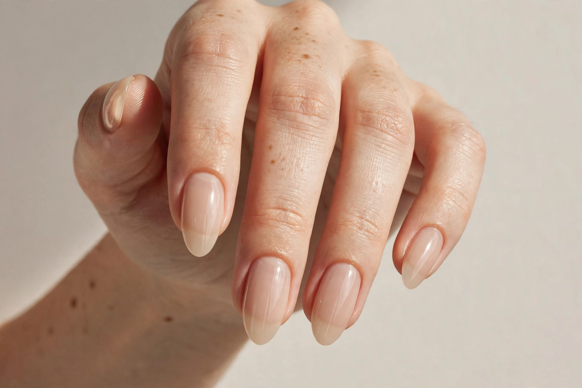Sheer beige nude manicure with natural finish