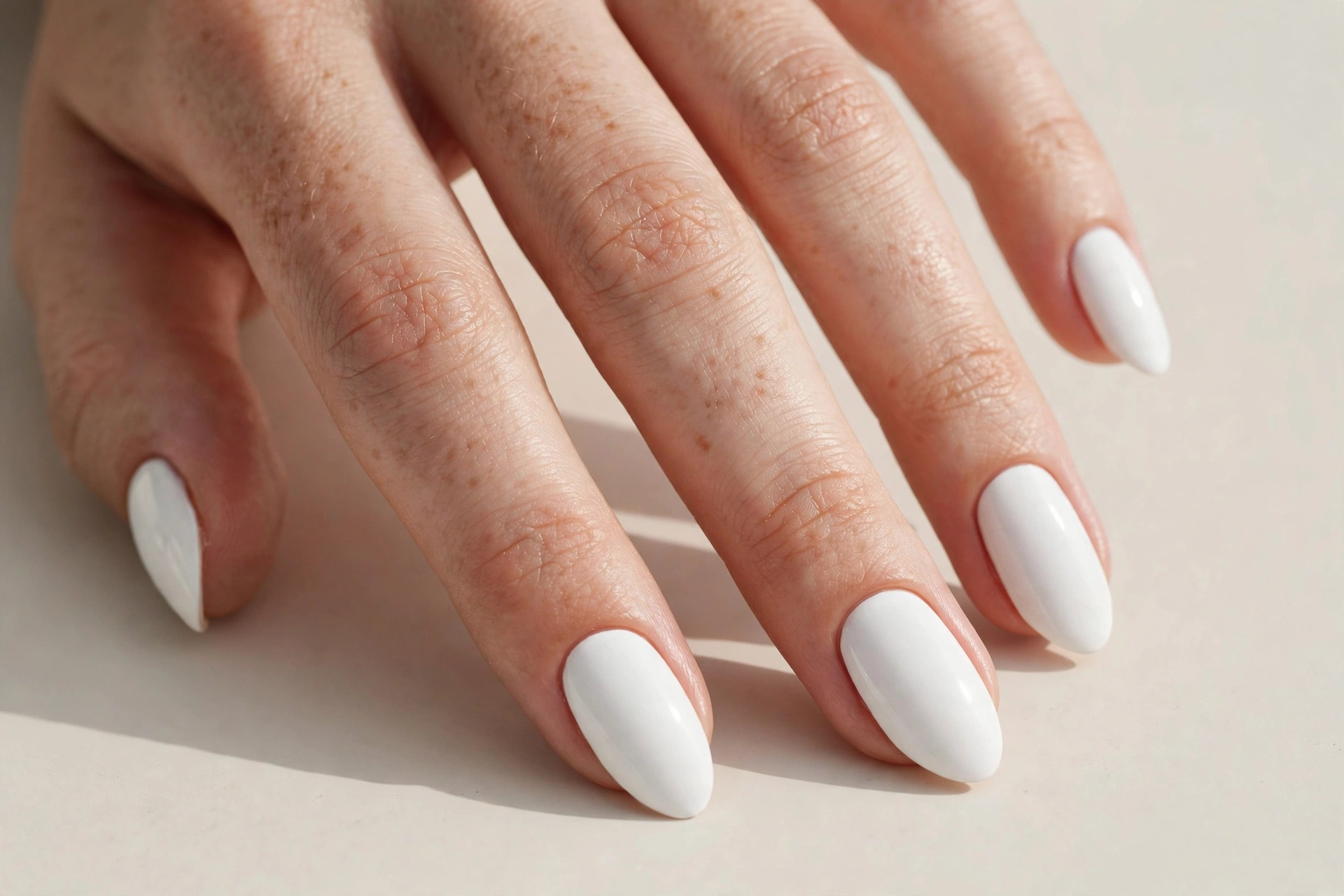 Crisp white solid manicure on almond nails